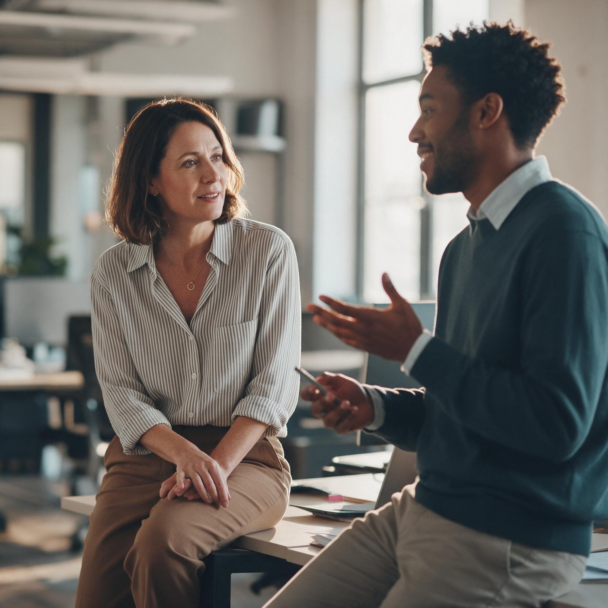 A hiring manager sitting on the edge of a desk in a modern office, listening to a member of her team