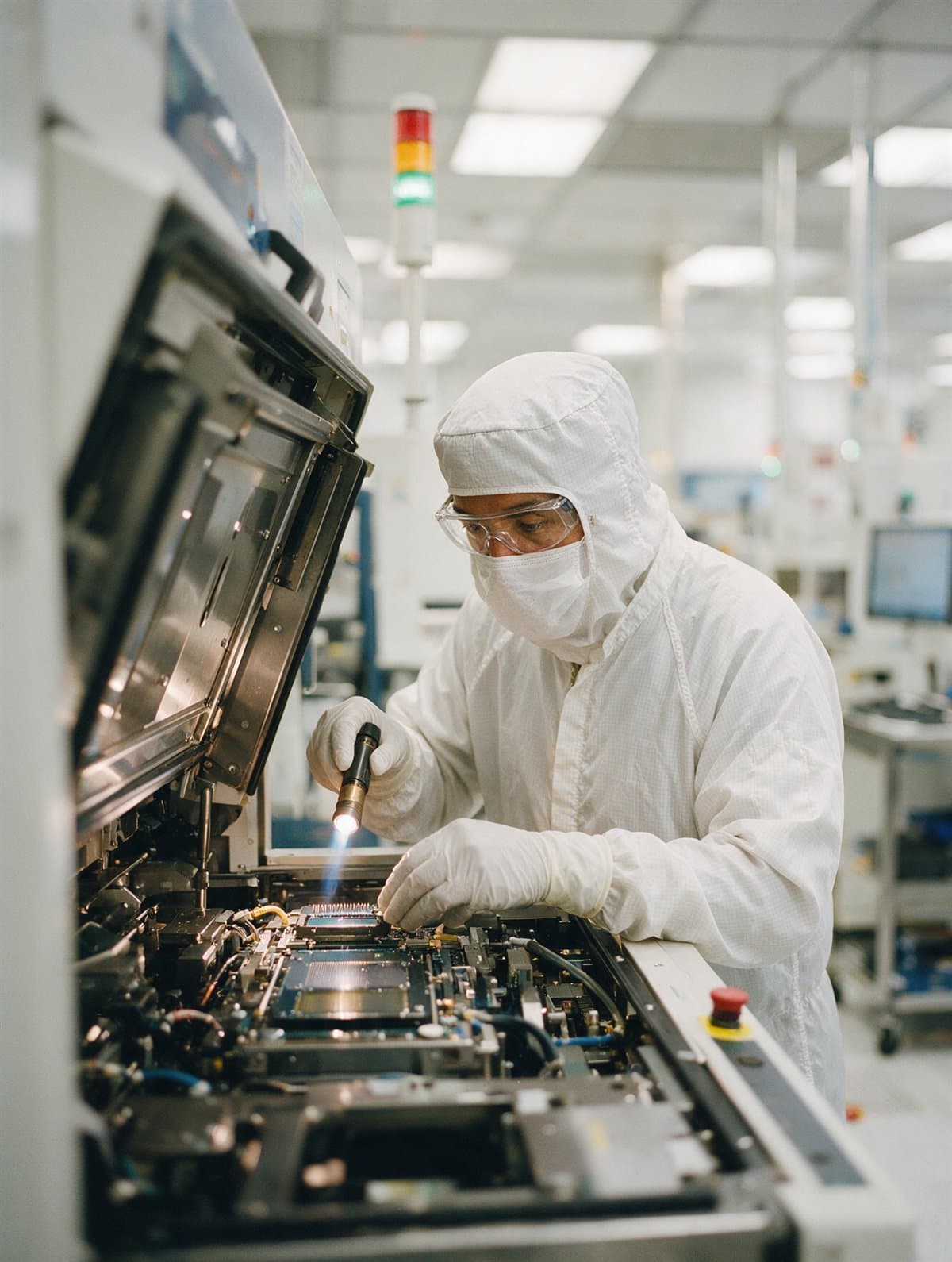 An equipment technician servicing a process tool in a cleanroom