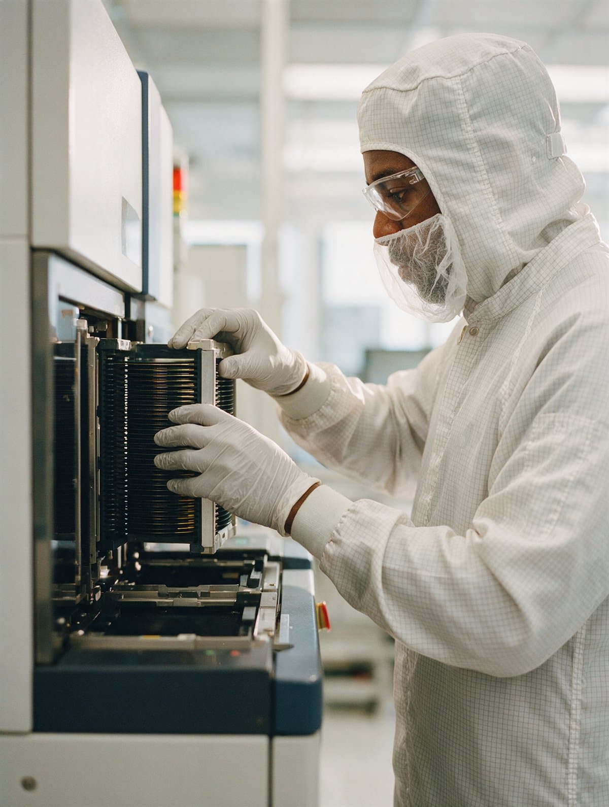 A metrology technician loading a wafer cassette into an inspection tool