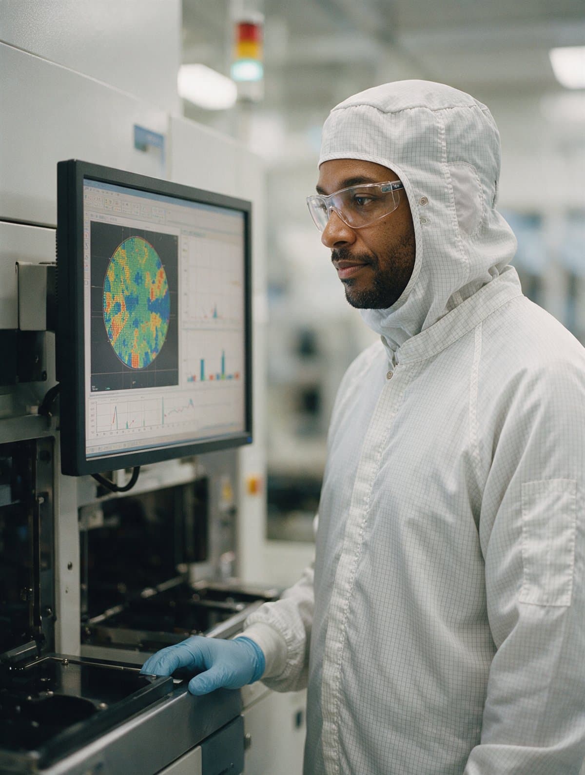 A process engineer reviewing a wafer map beside a tool