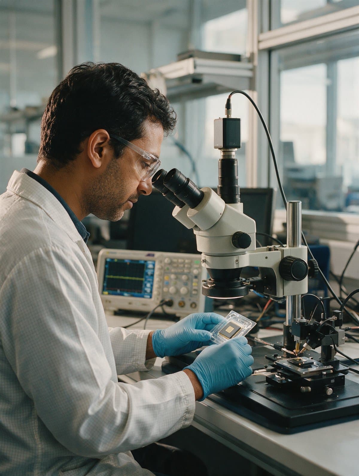 A test engineer examining a chip at a probe station