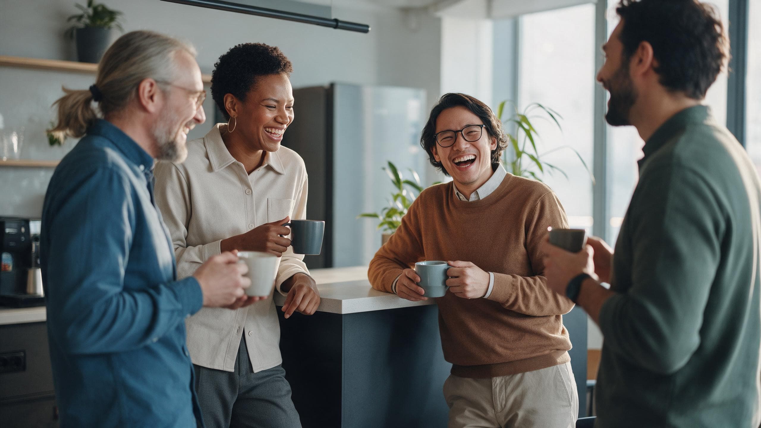 Four colleagues with coffee around an office kitchen counter, two of them laughing