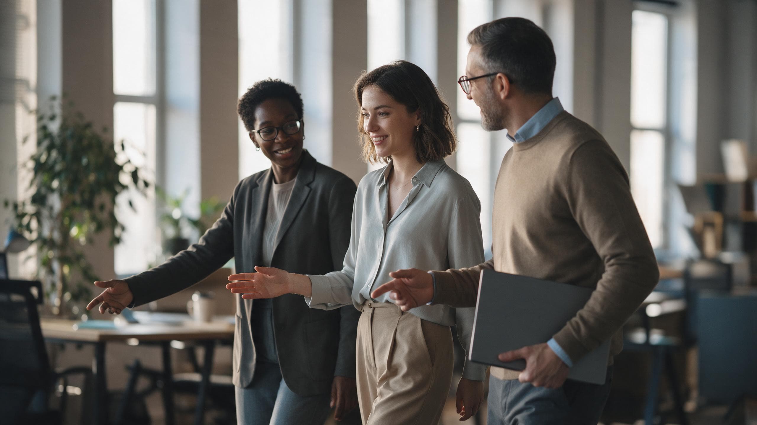 A new starter being welcomed into a modern office by two colleagues and shown toward her desk