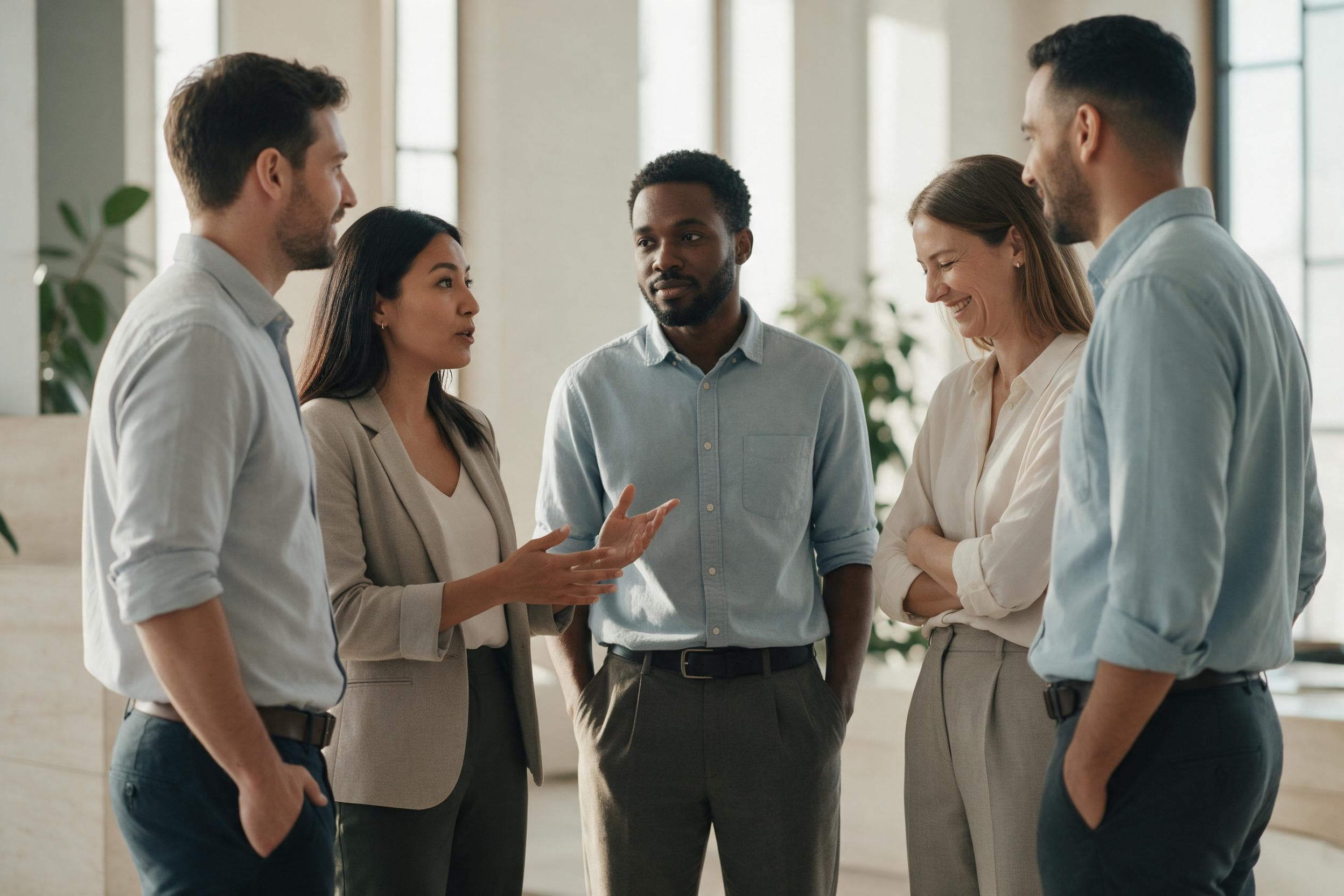 Five colleagues standing together in a bright modern office, one speaking while the others listen and one laughs