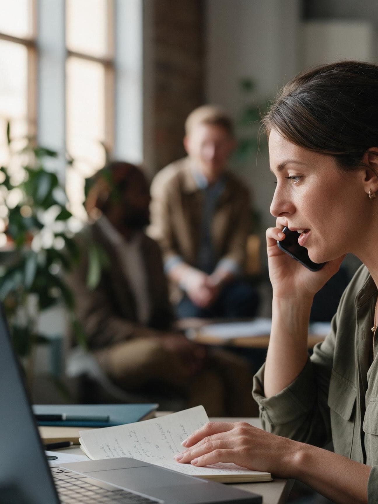 A recruiter at her desk mid phone call, handwritten notes and a laptop in front of her