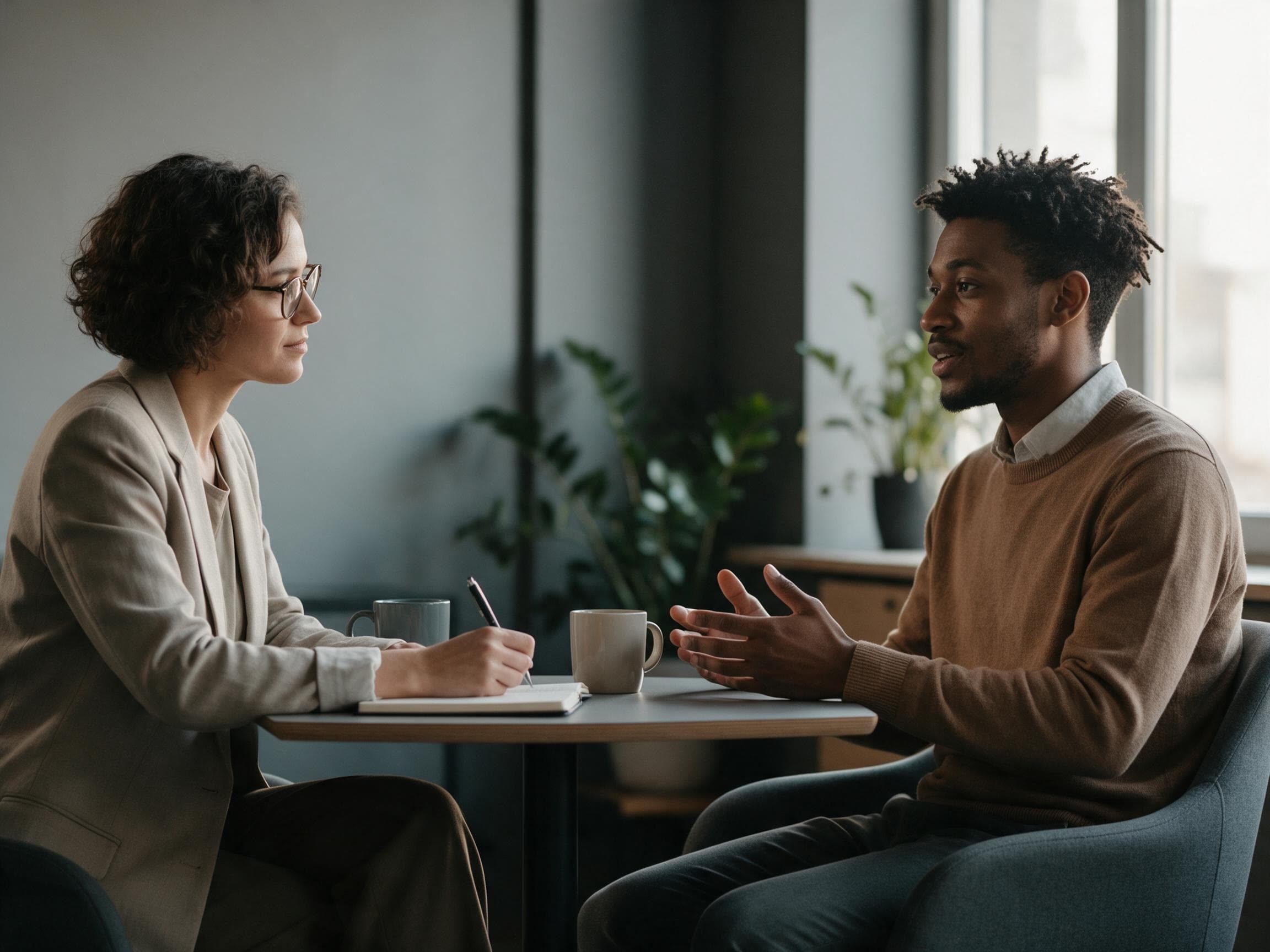 A recruiter listening to a job seeker across a small table, two mugs between them