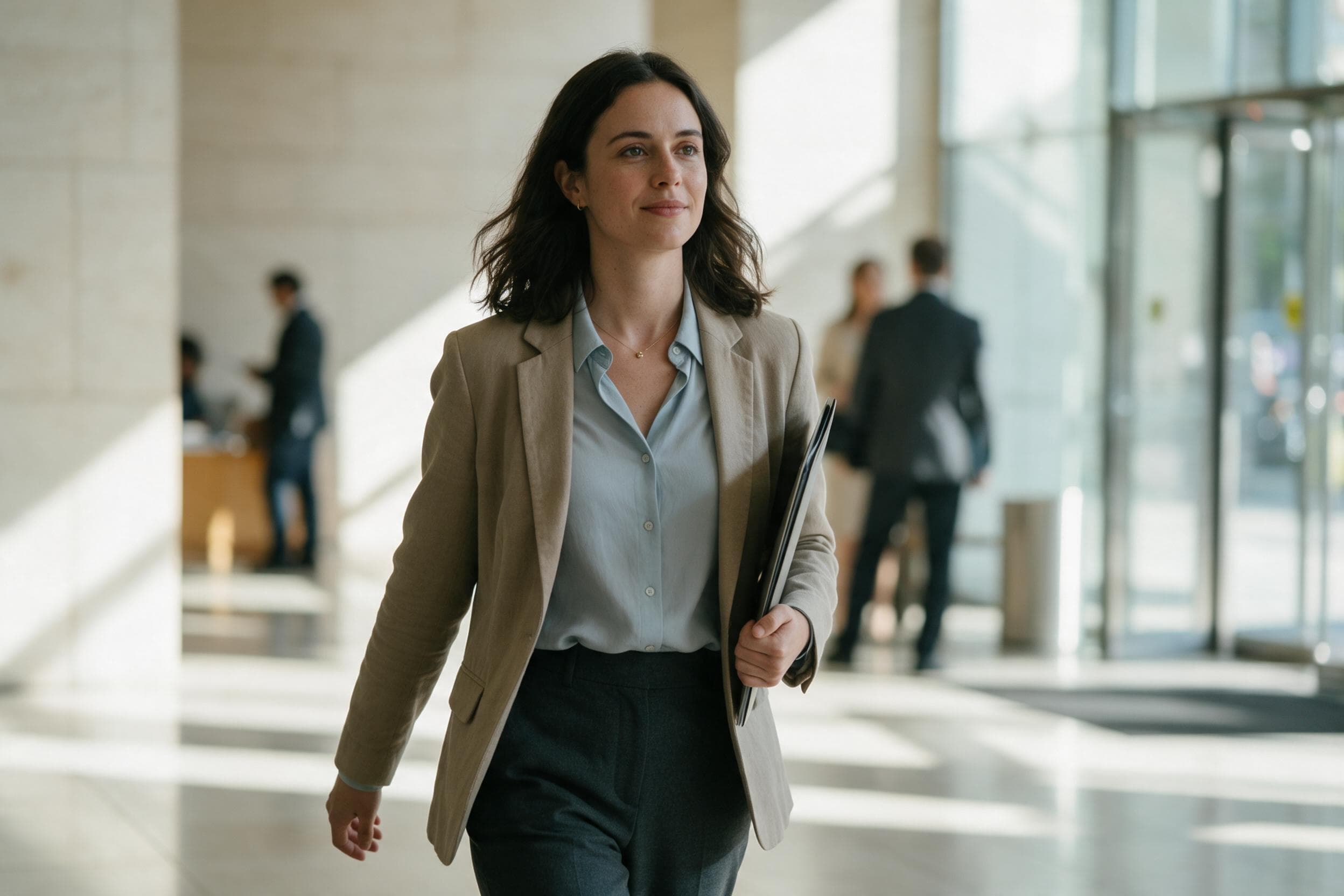 A woman walking through a bright building lobby on her way to an interview, folder under her arm