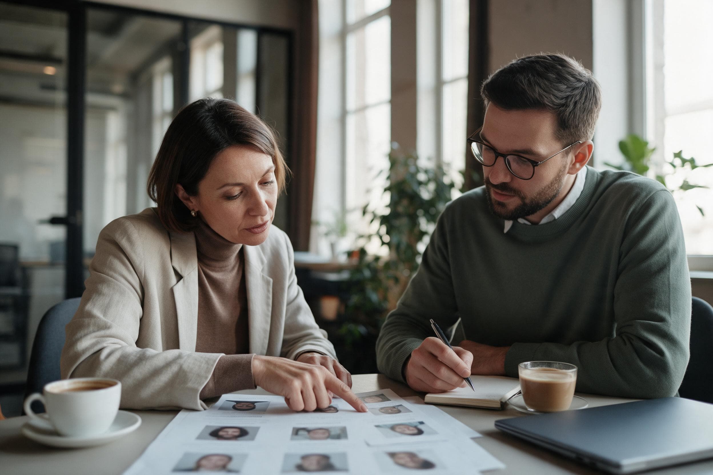 A hiring manager and a recruiter going through a printed shortlist together across a table