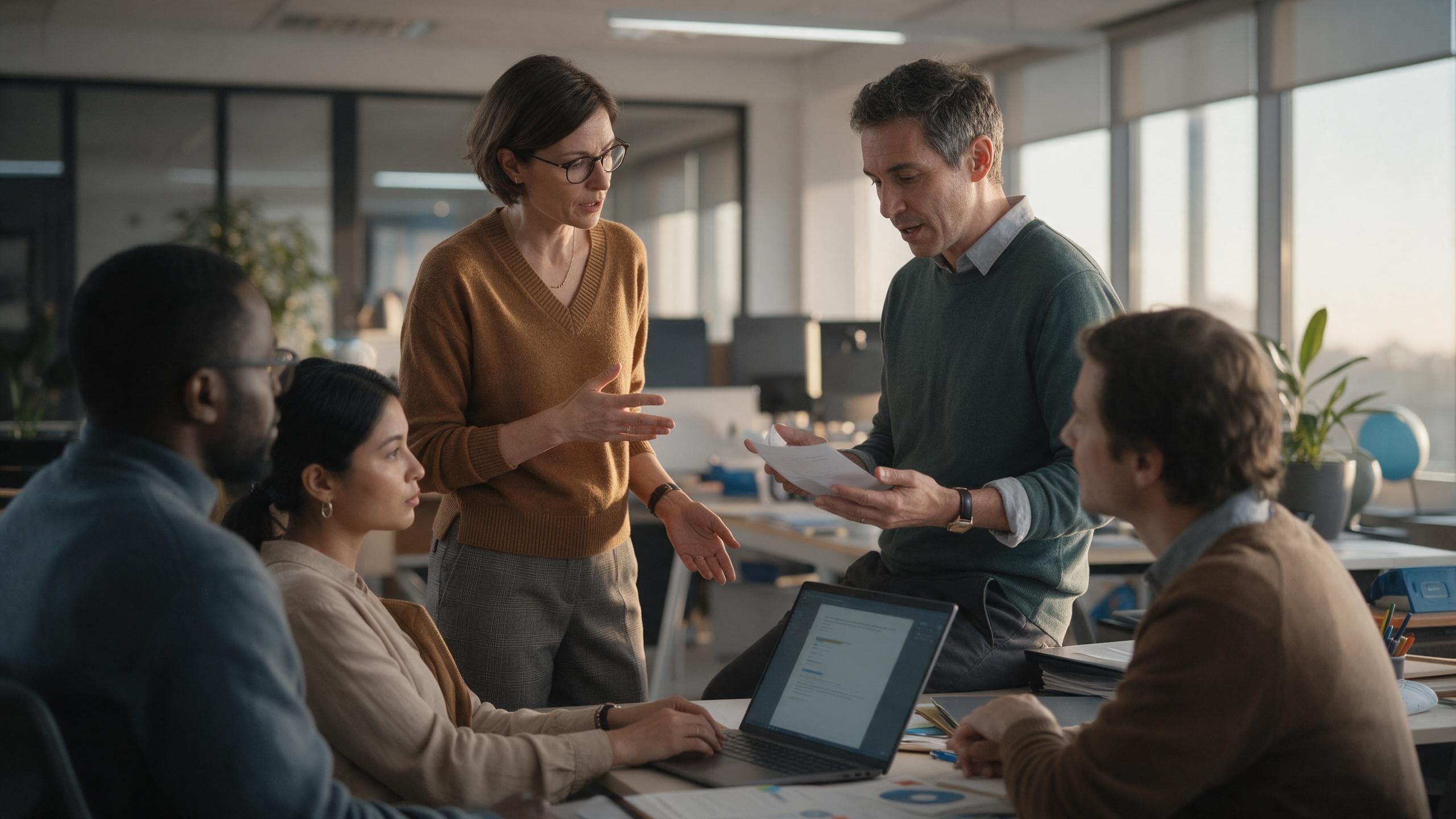 A department head briefing four colleagues around a desk in a modern office