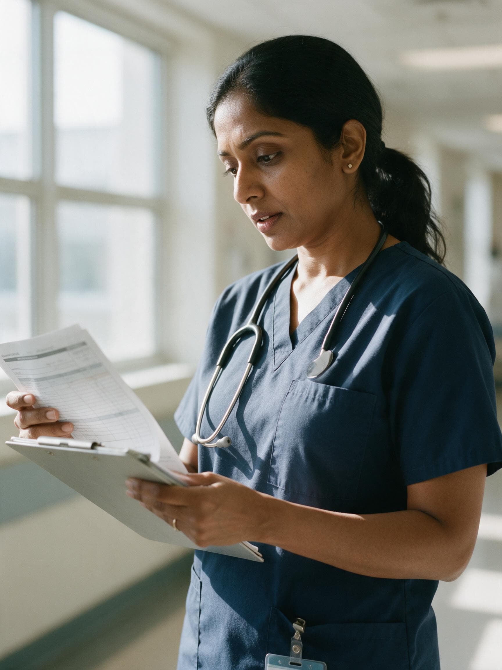 A nurse in scrubs pausing to check a chart in a hospital corridor