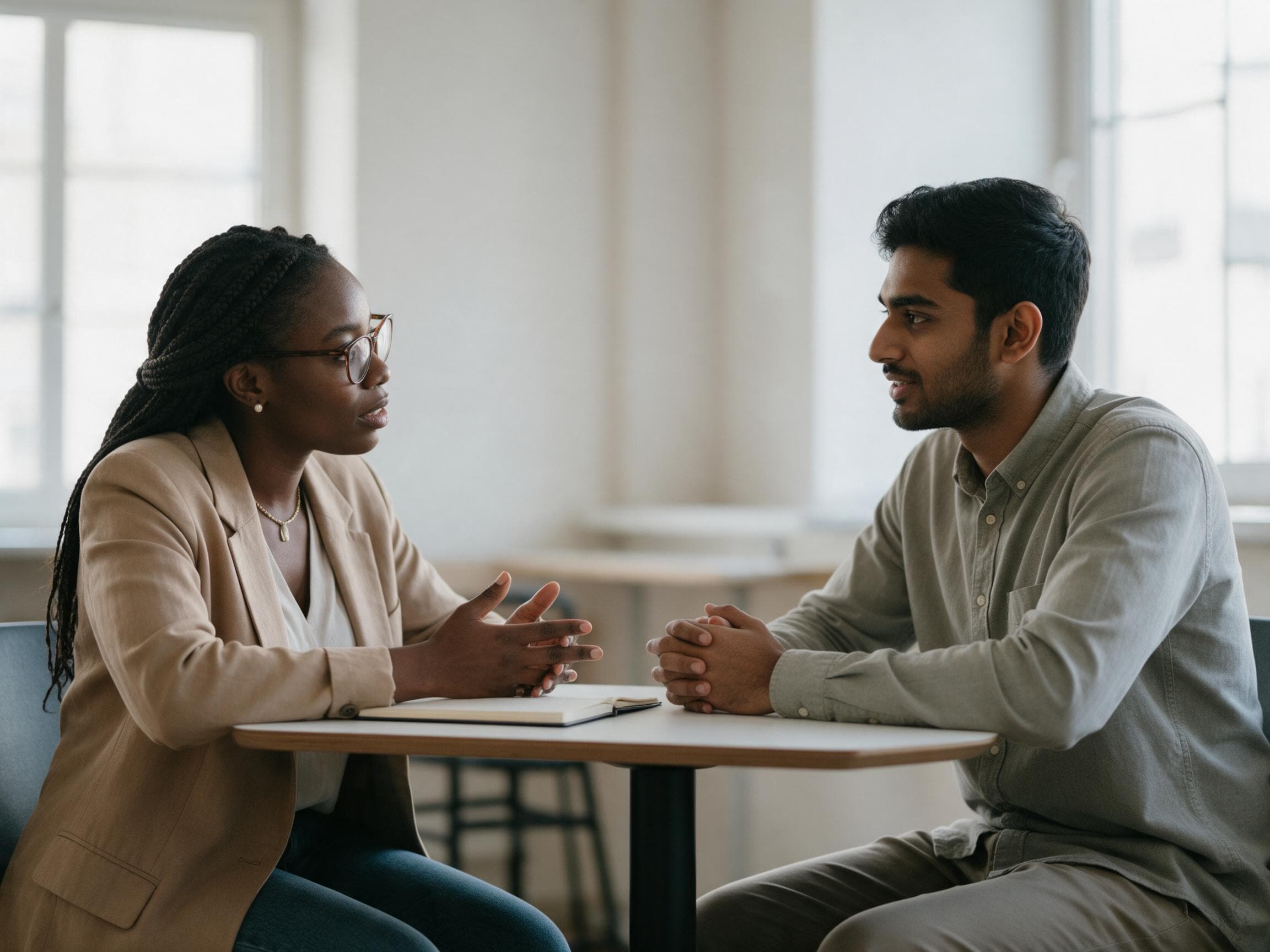 A recruiter listening to a candidate across a table