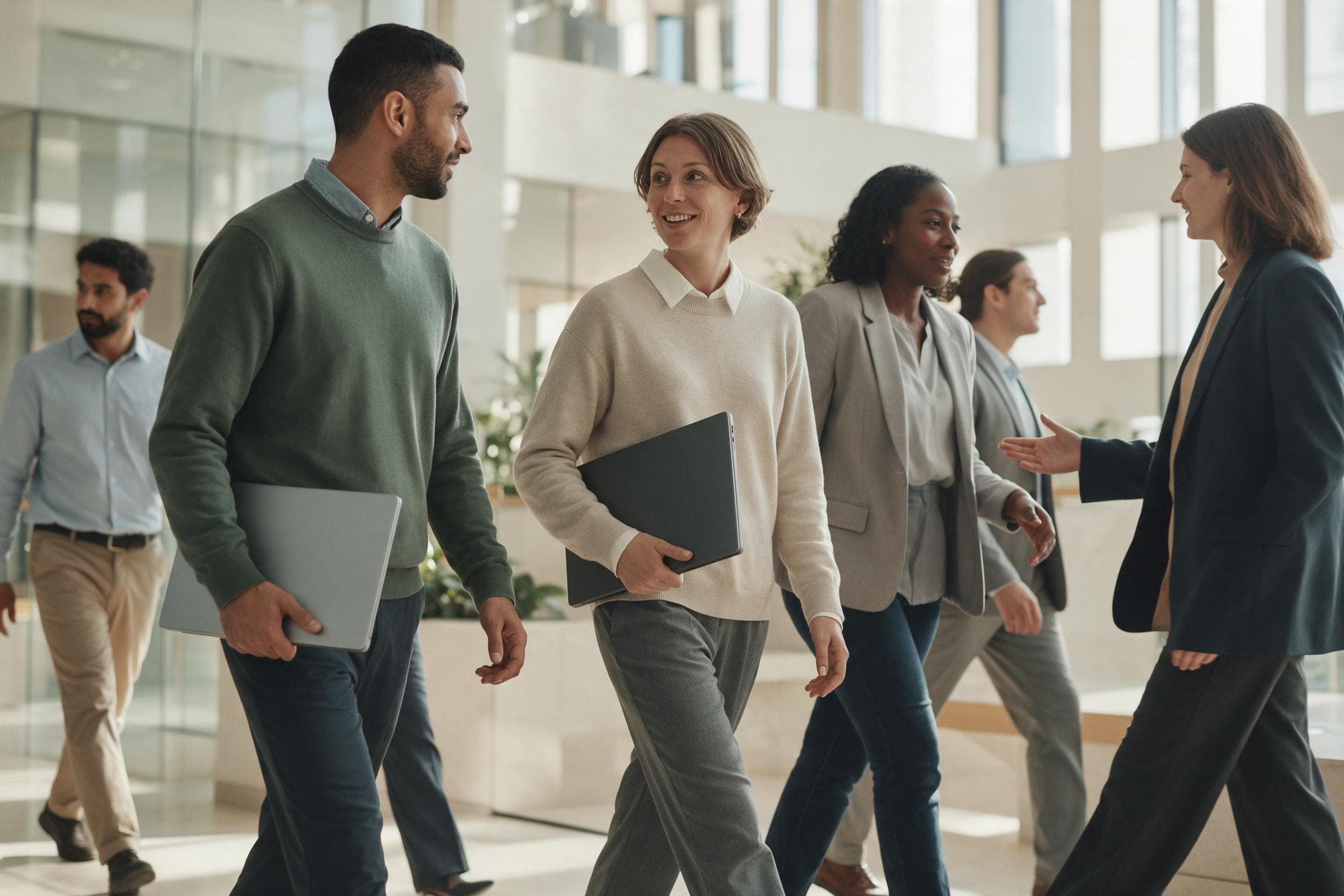 Business professionals crossing a bright modern office atrium mid morning, two of them walking and talking with laptops