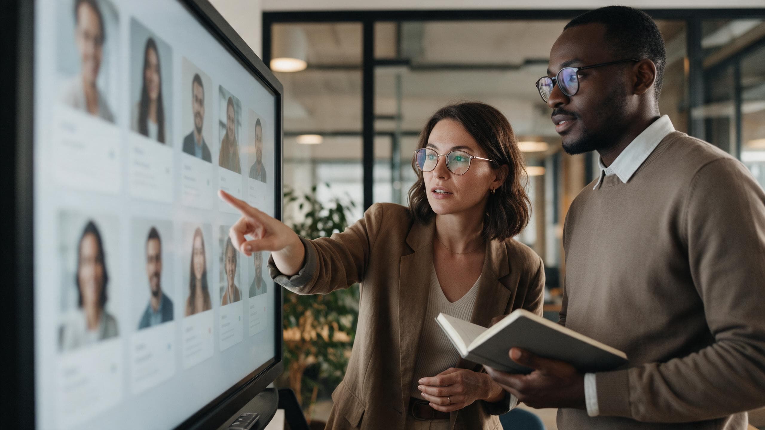 Two talent acquisition professionals reviewing candidate shortlists together on a large screen in a modern office