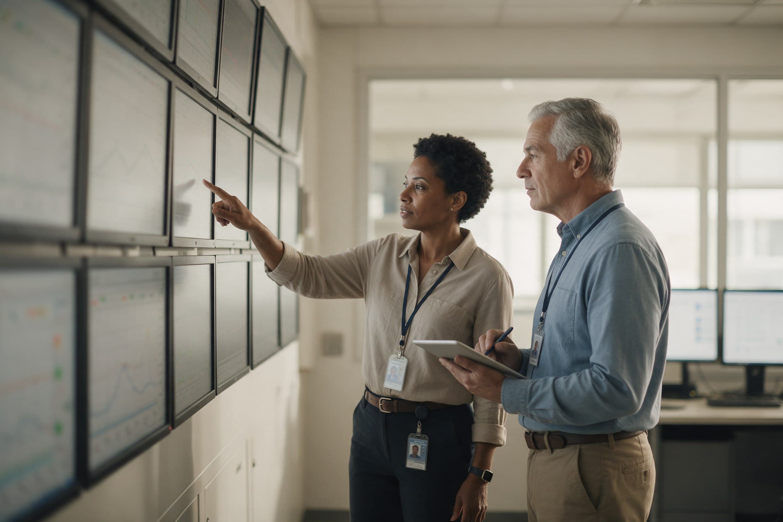 A utilities operations pair reviewing readings on a monitoring wall in a clean control room