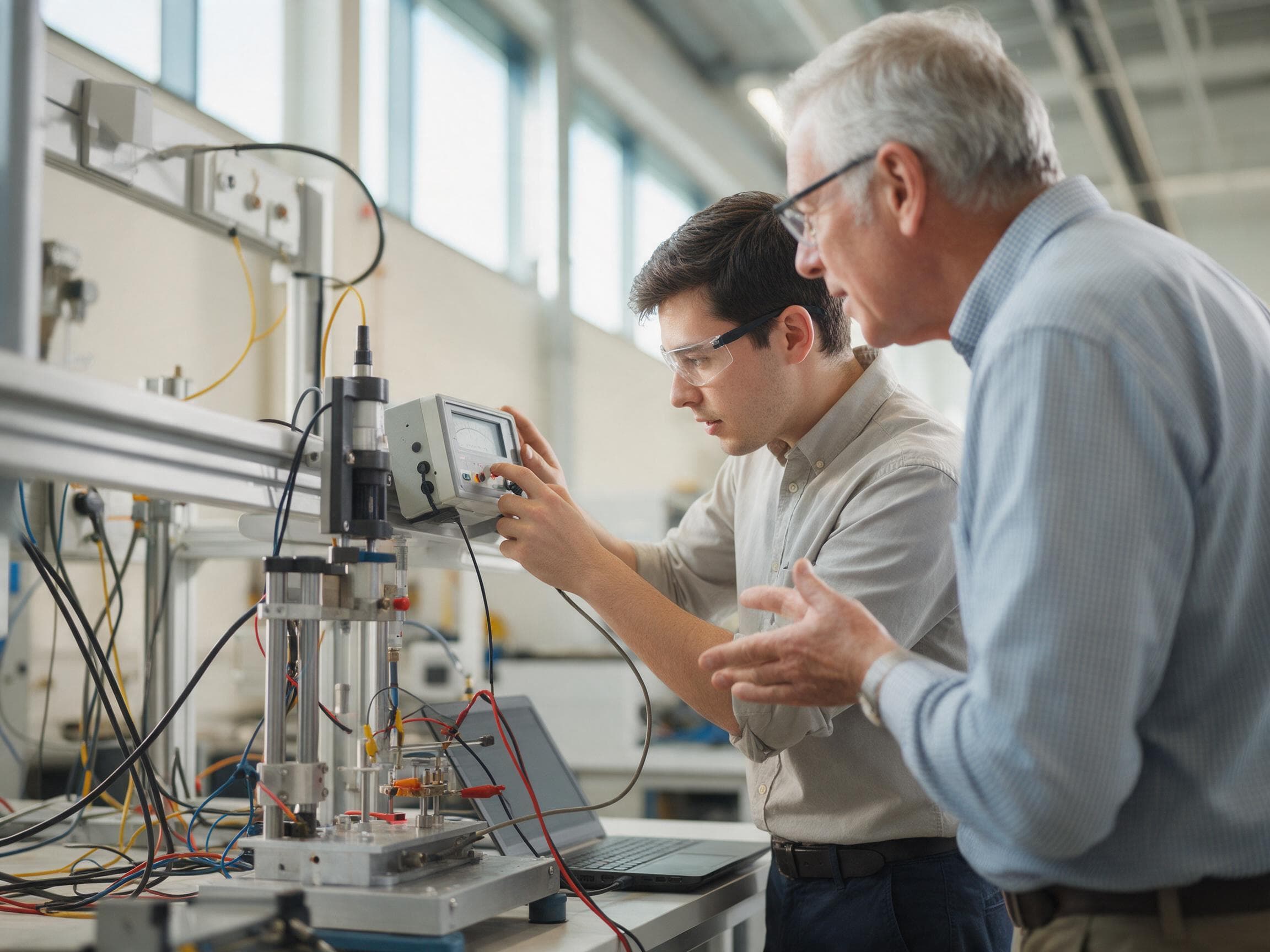 A young engineer taking a reading from a bench instrument in a clean test laboratory while a senior colleague talks it through