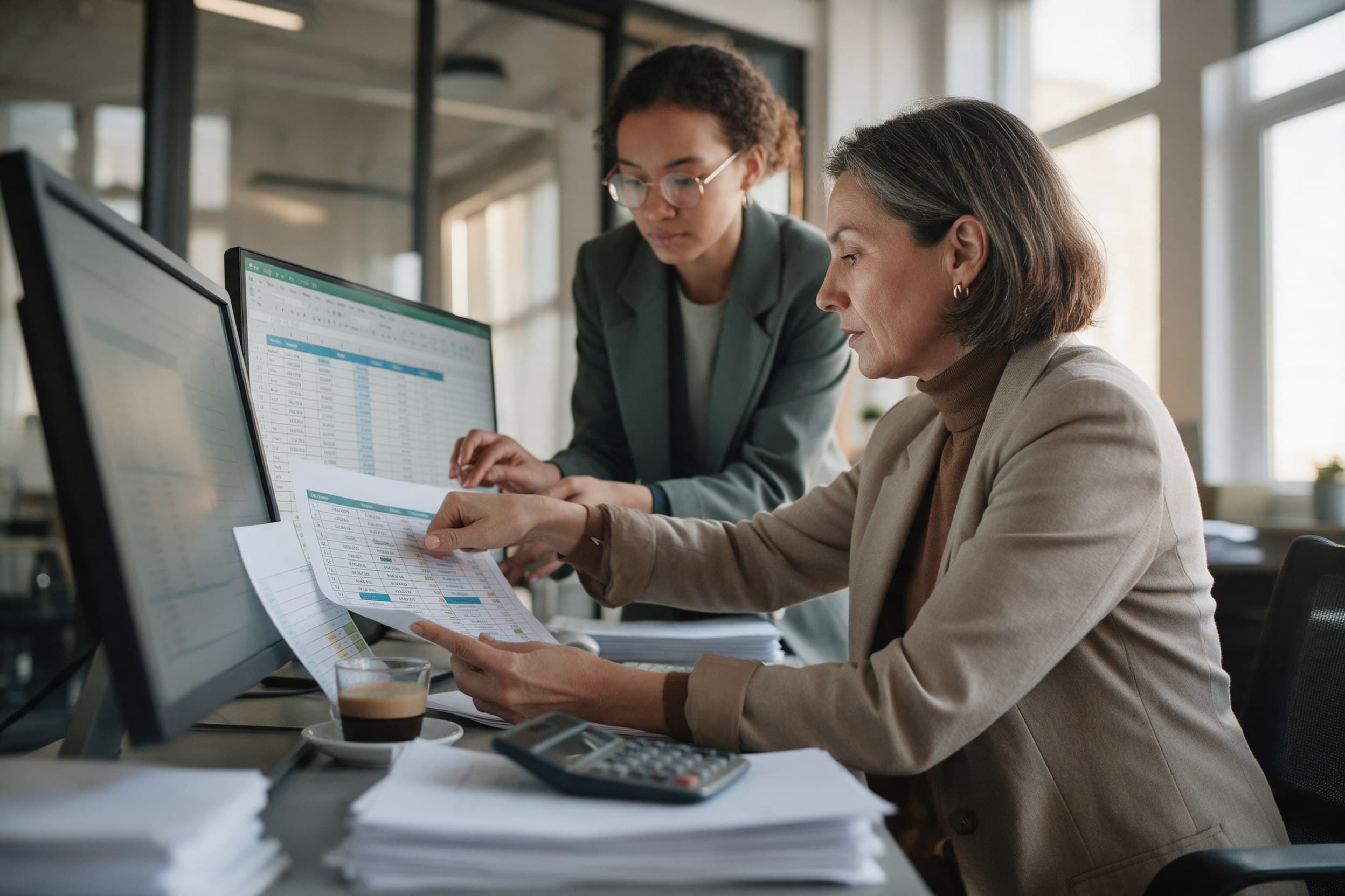 Two finance professionals working through a month end schedule together, printed reports and a spreadsheet on screen