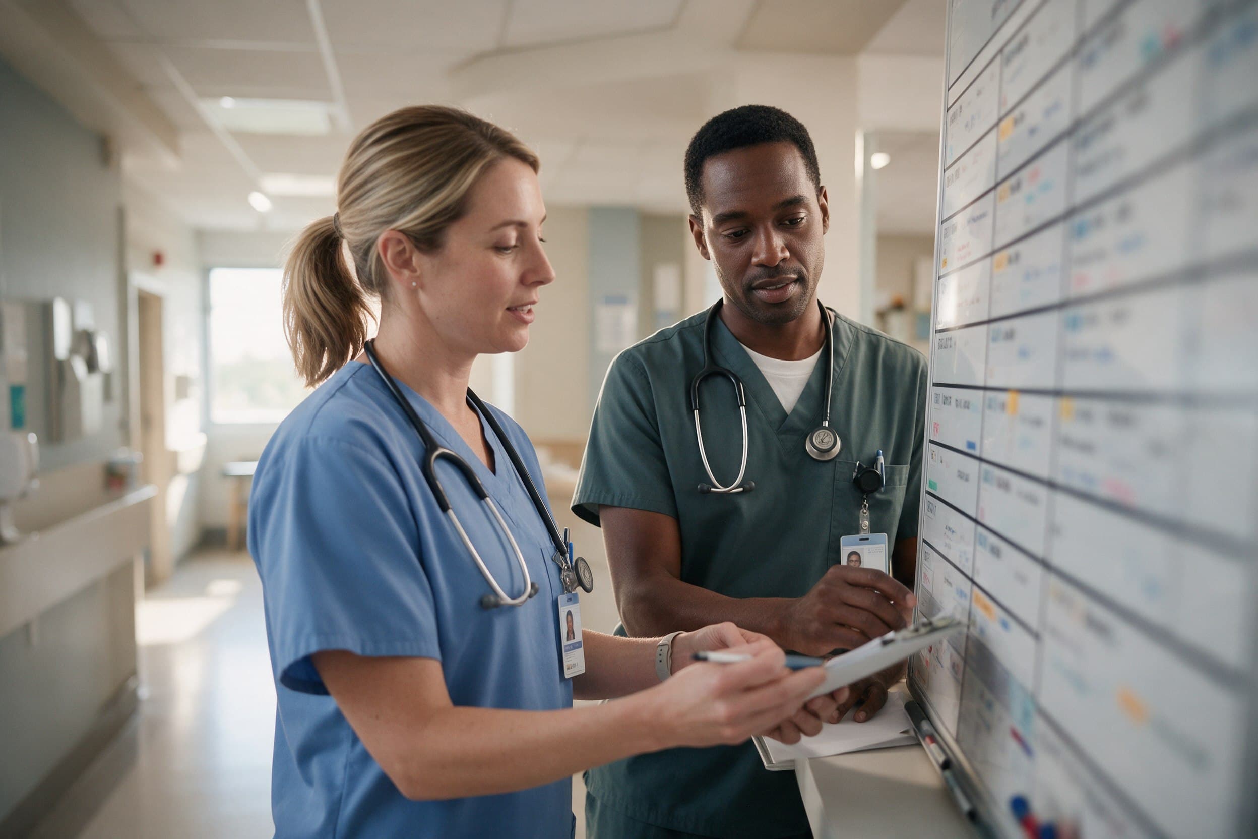 Two nurses in scrubs reviewing the patient board together at a hospital nurses station during handover