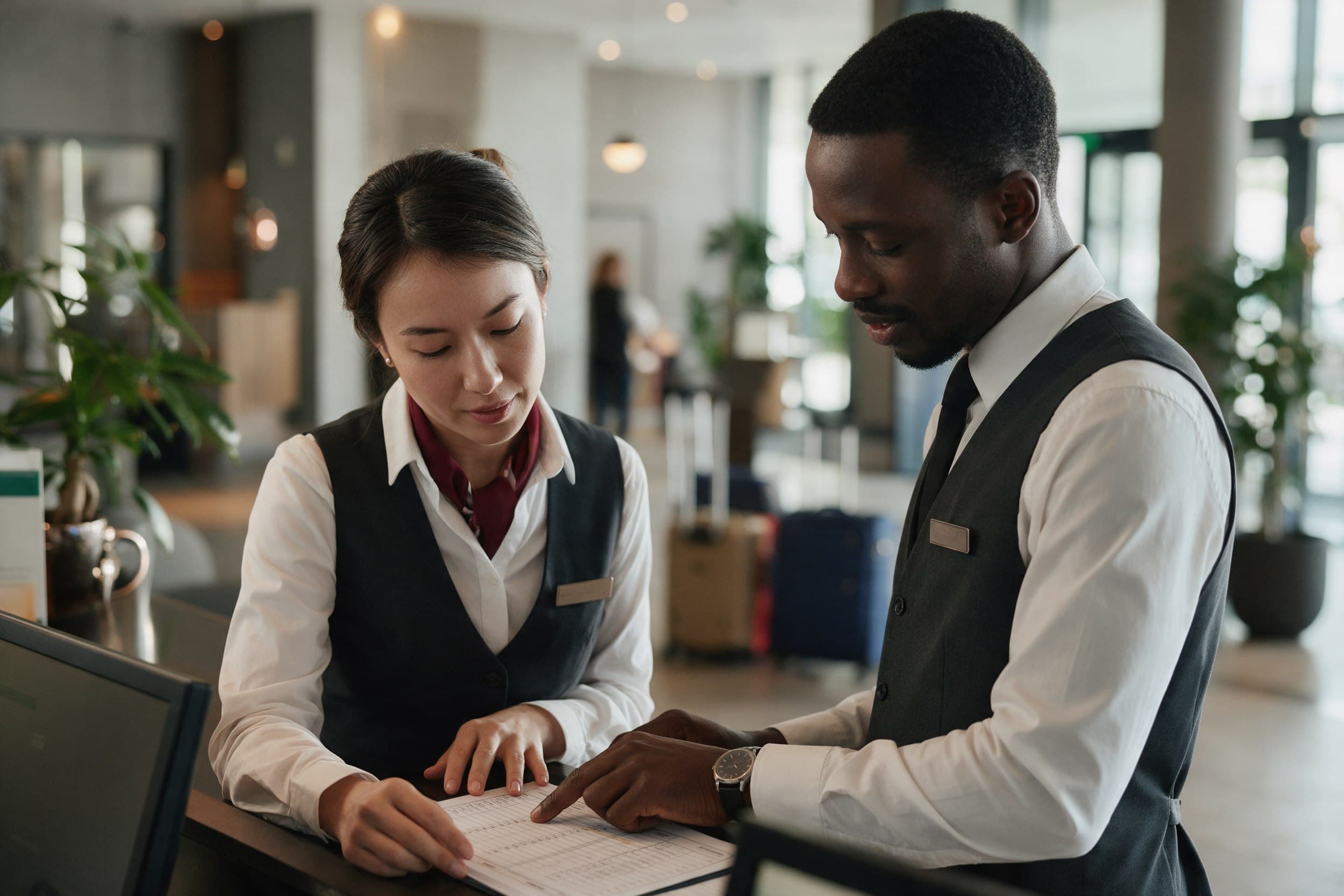 A front desk supervisor and a colleague at a hotel reception preparing for arrivals