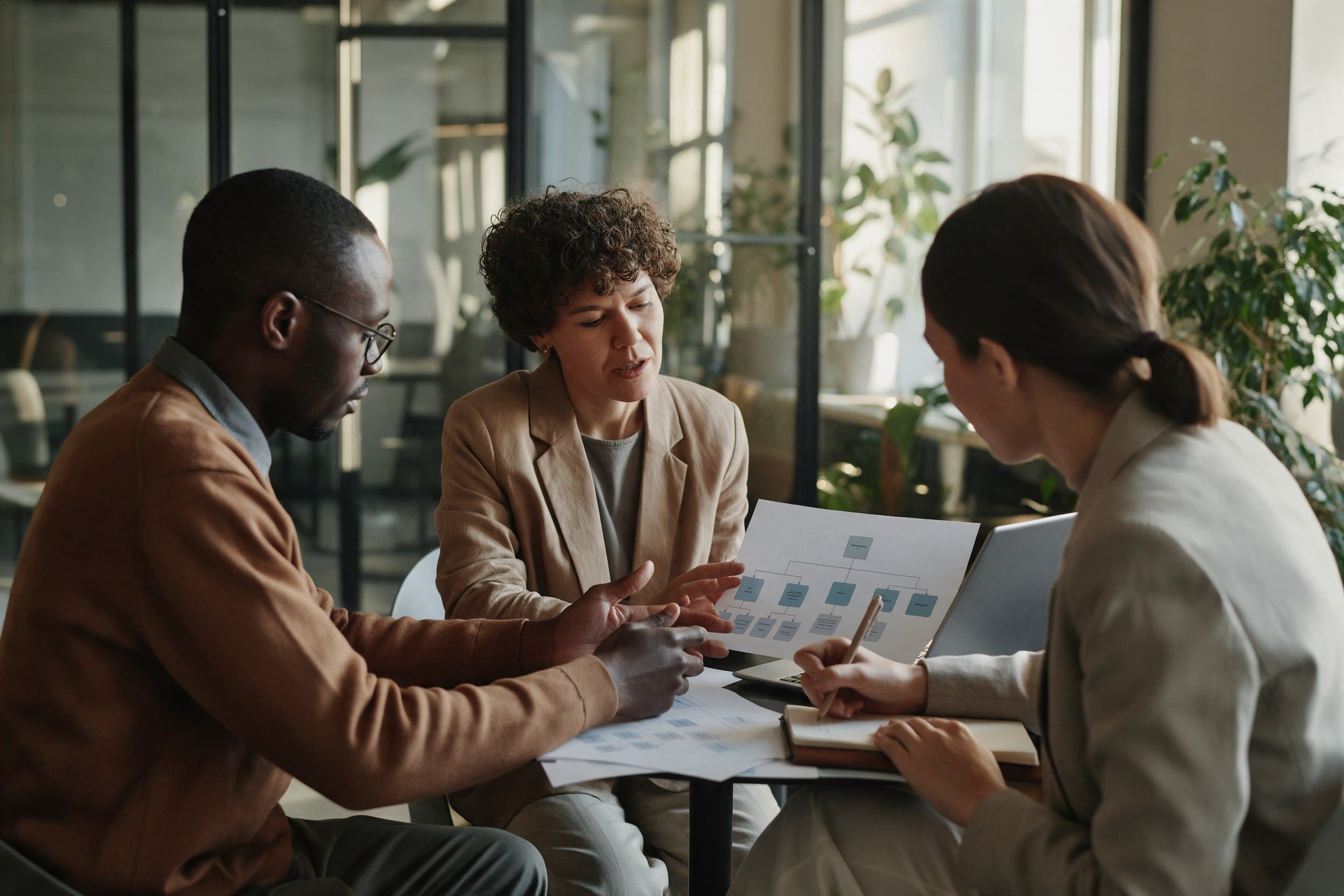 An HR team around a small table with printed org charts, talking through a hiring plan