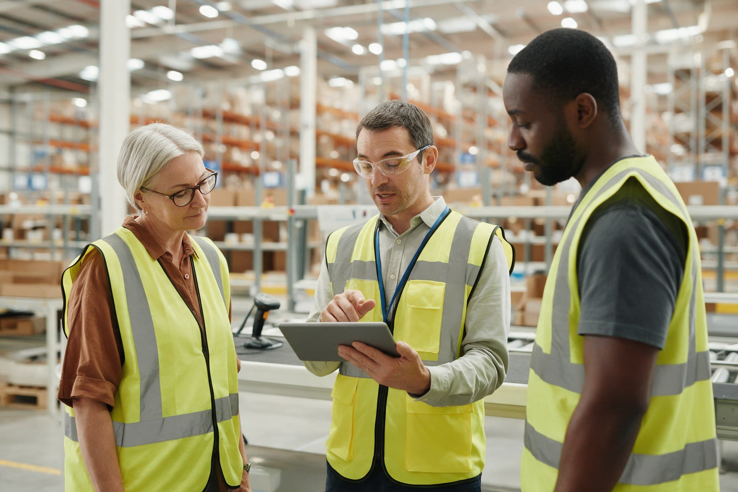 A shift lead briefing two associates at the start of a shift in a clean modern distribution centre