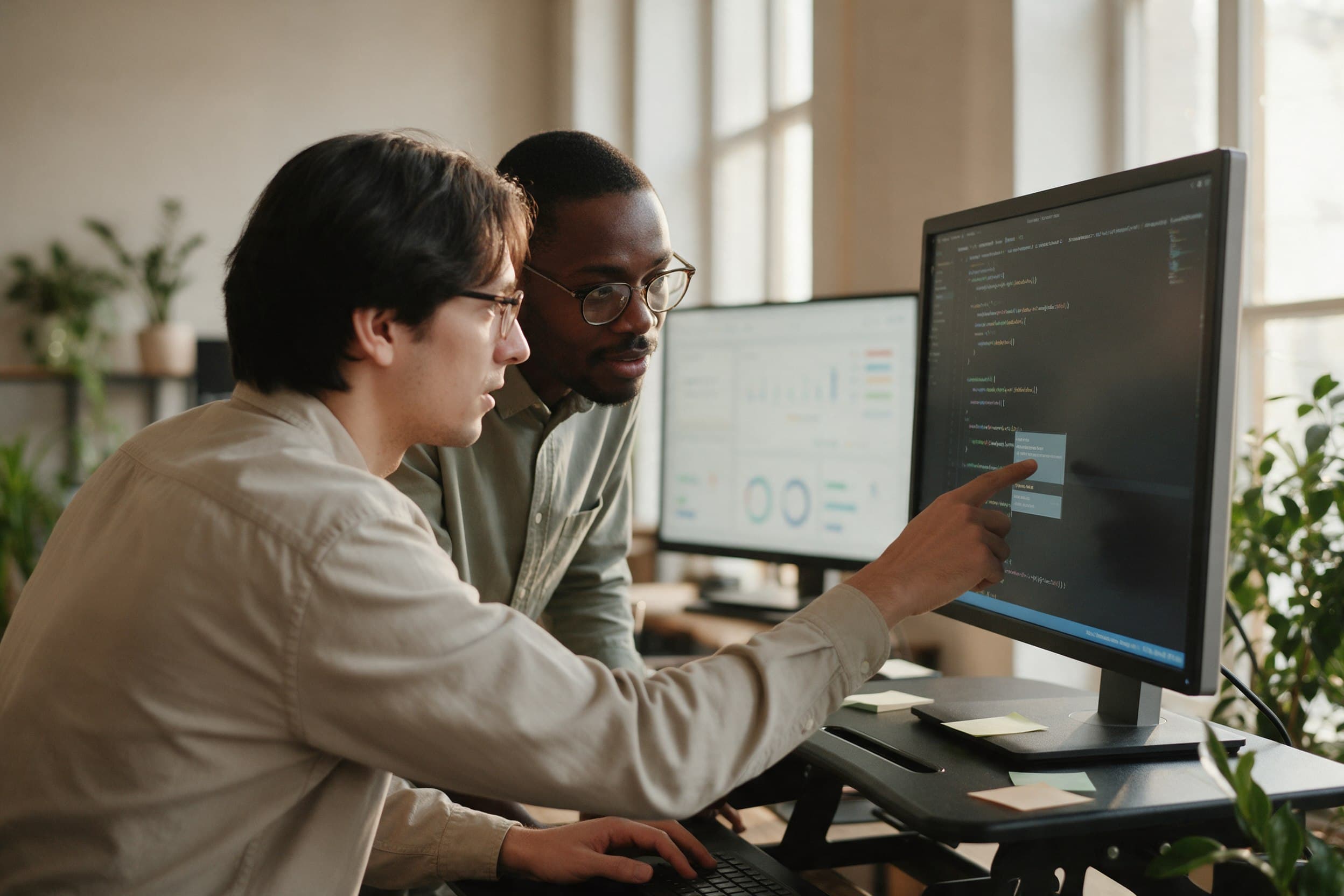 Two software engineers reviewing code together on a large monitor at a standing desk