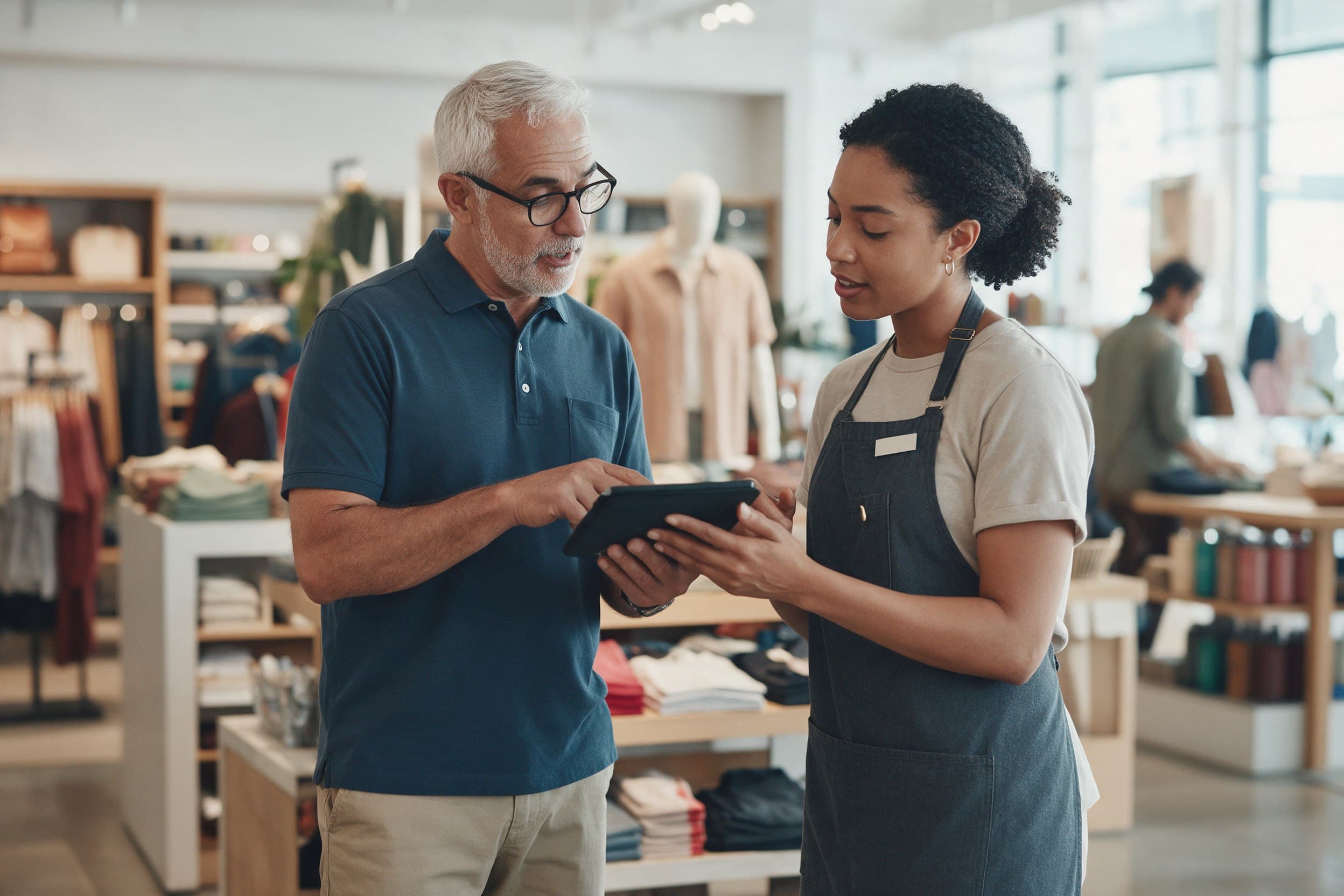 A store manager and an associate checking stock on a handheld device on the floor of a bright modern store