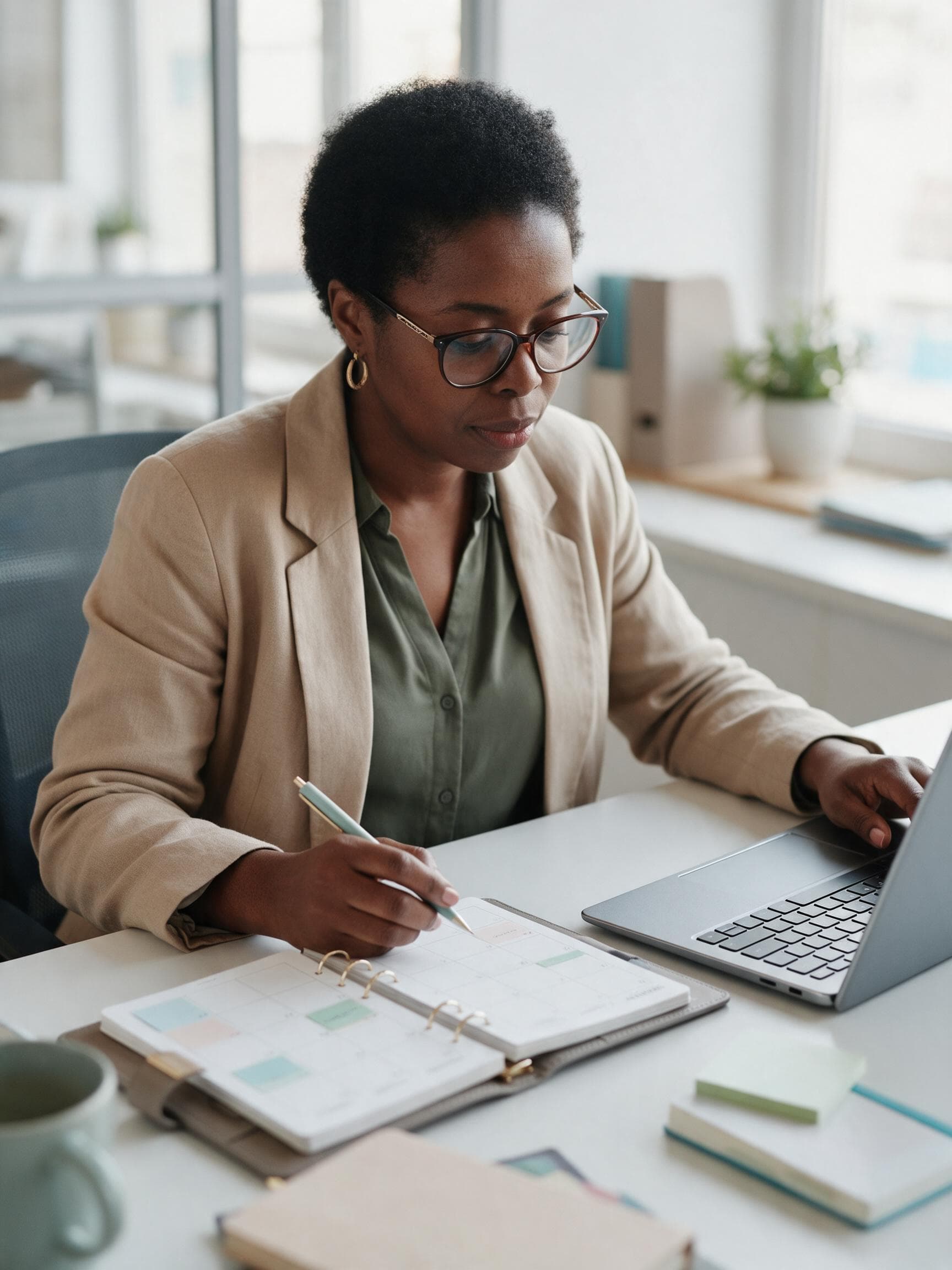 An administrative assistant at a desk organising the day
