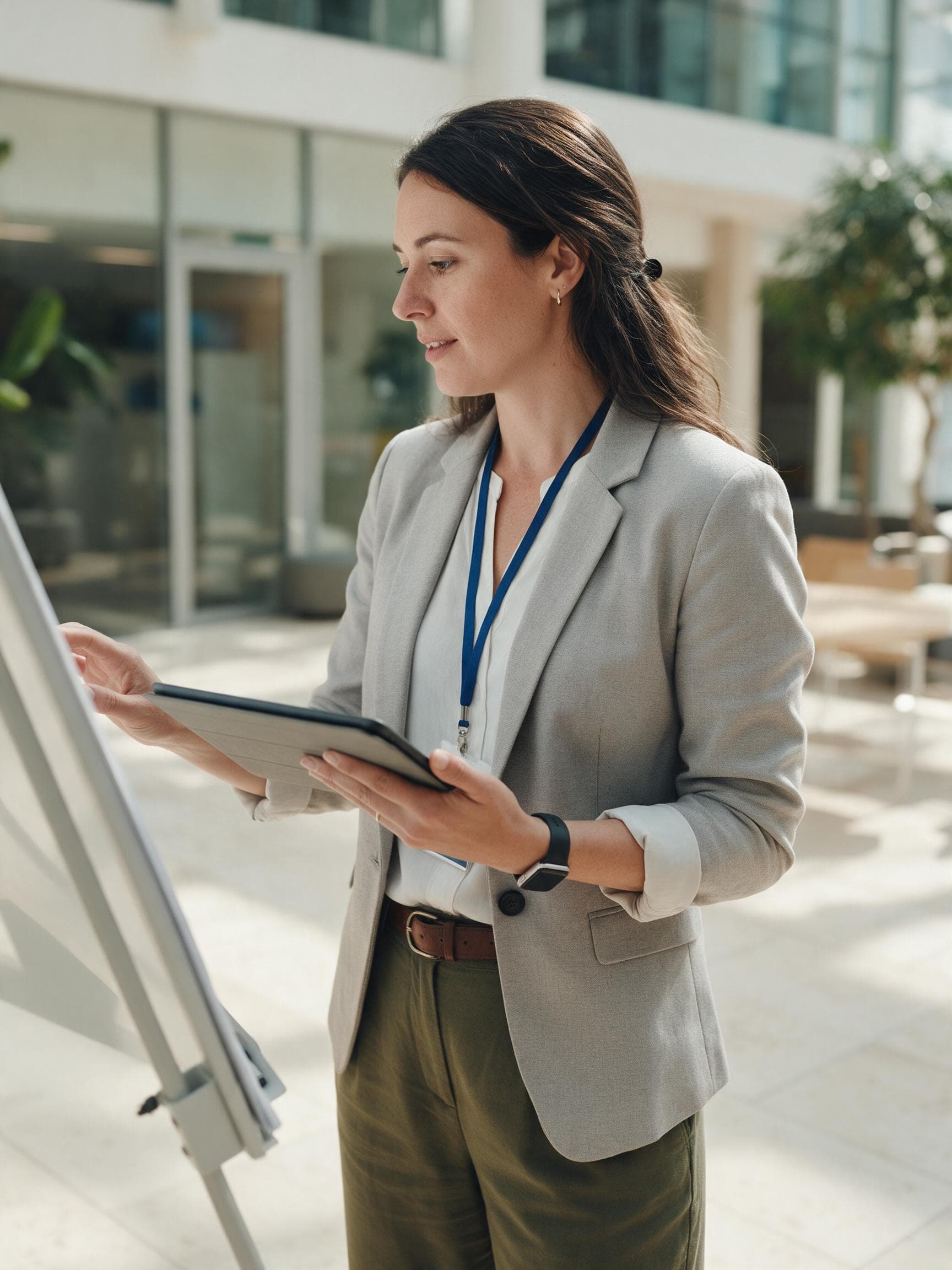 A workplace operations coordinator with a tablet checking a meeting room setup in a modern office