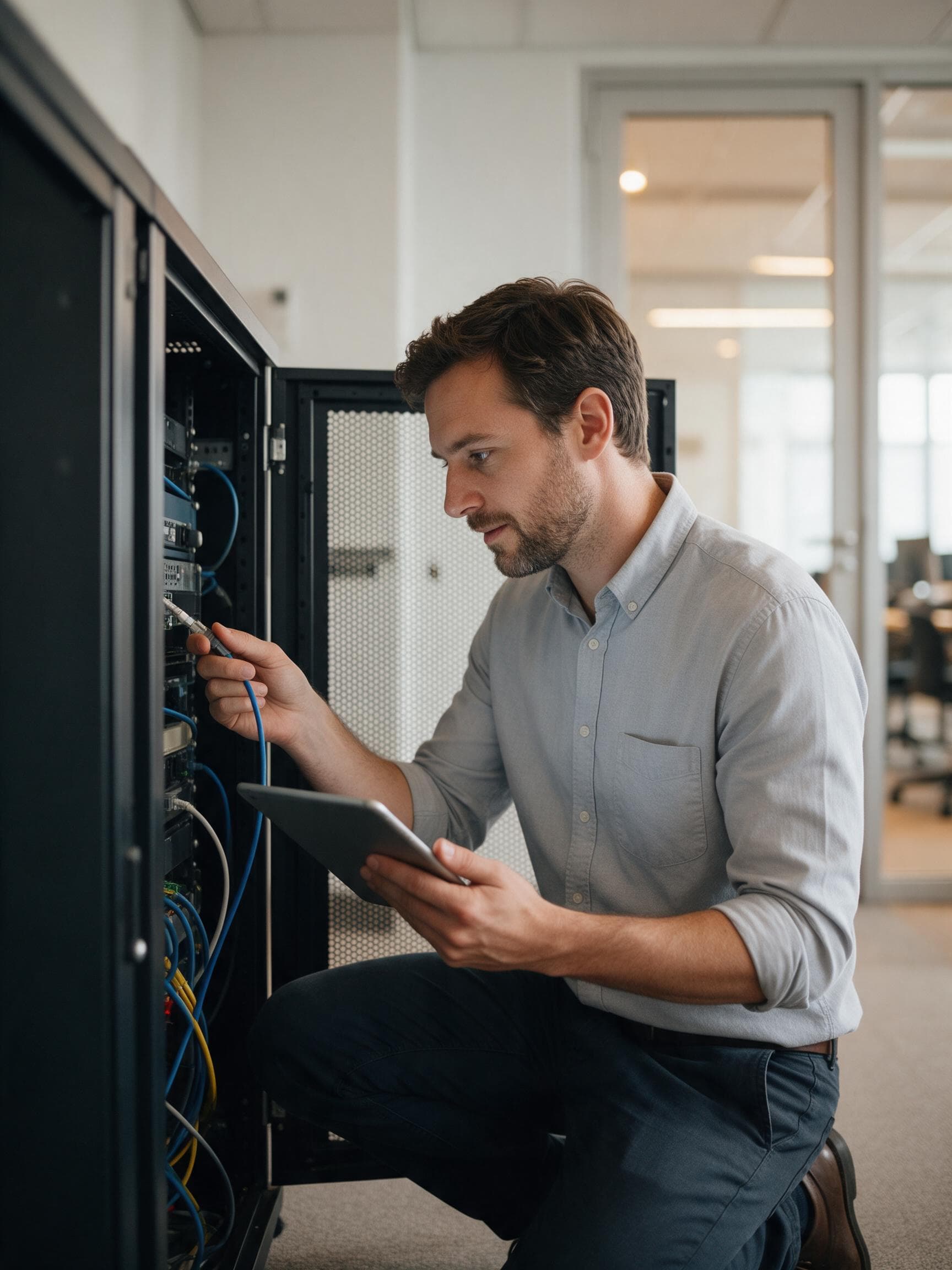 An IT support specialist kneeling at an open equipment cabinet in a modern office, tablet in hand