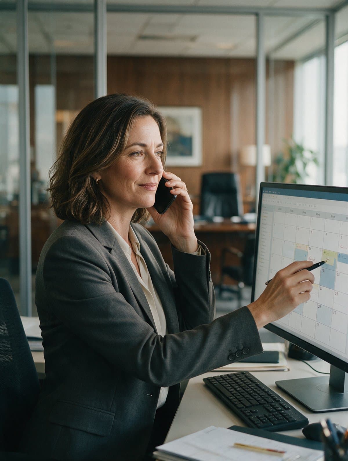 An executive assistant managing a calendar and a call outside an executive office