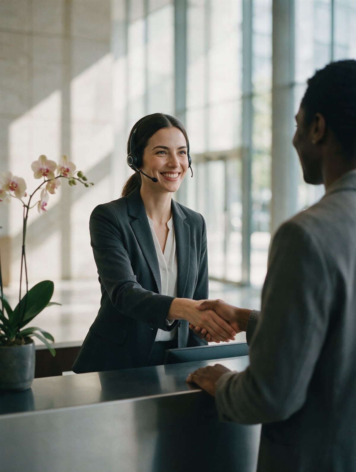 A receptionist greeting a visitor at a modern corporate front desk