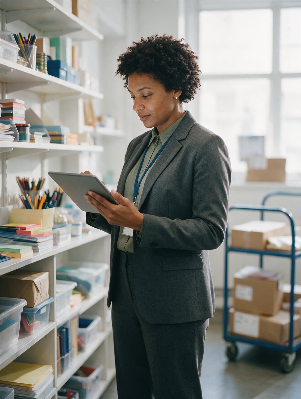 An office operations manager checking supplies with a tablet