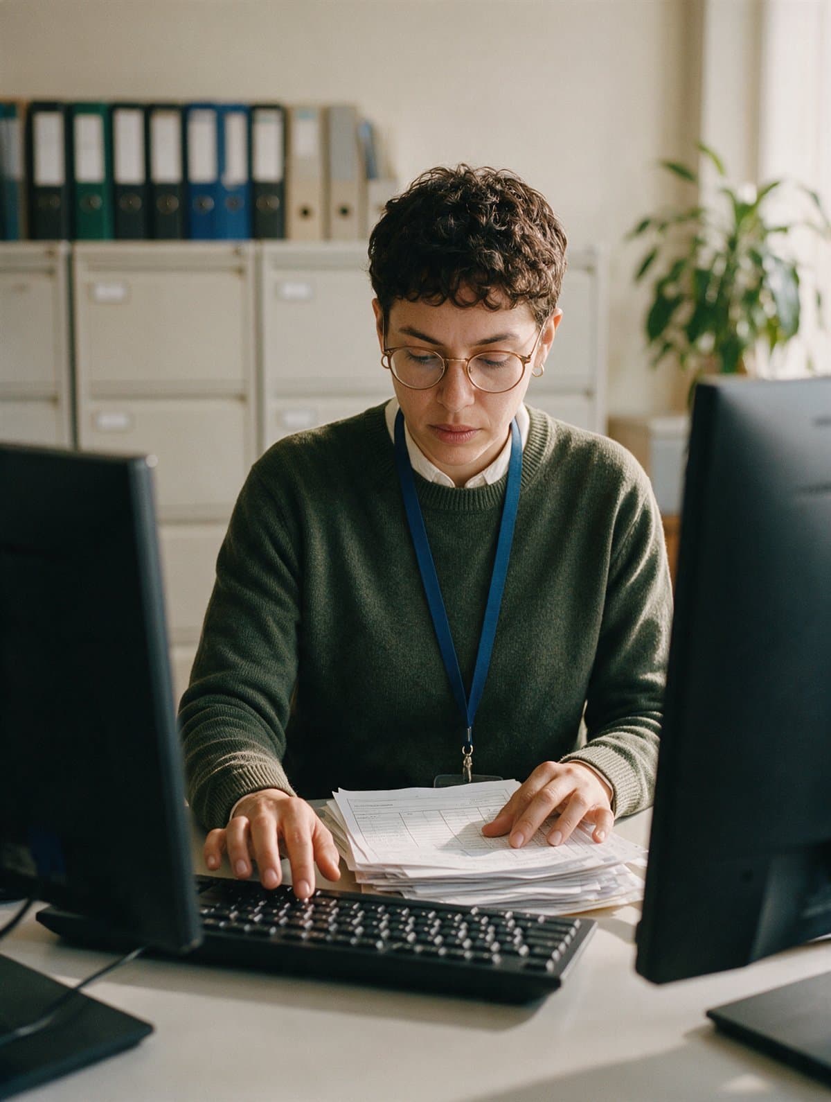 A records specialist entering data from paper forms into a system