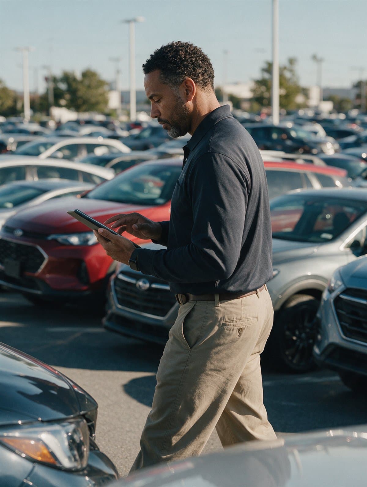 A logistics coordinator checking vehicles on a dealership lot
