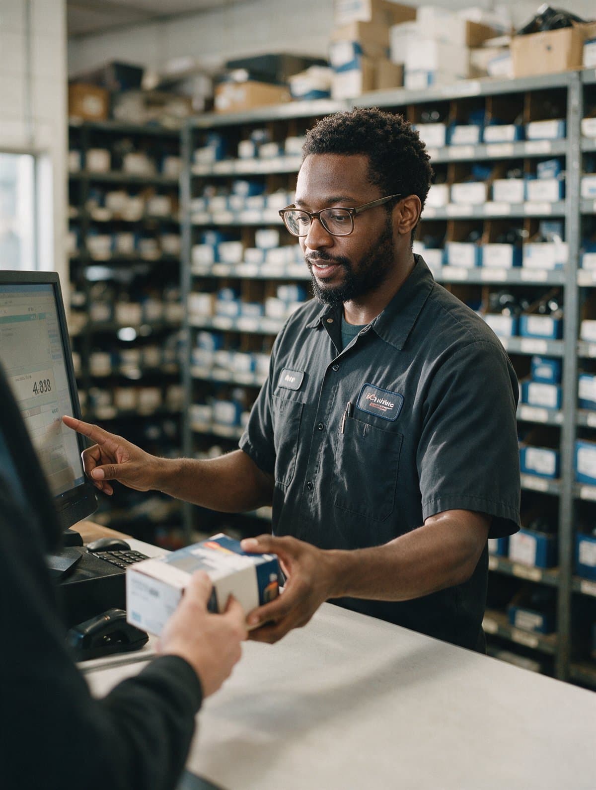 A parts specialist handing a part across the counter