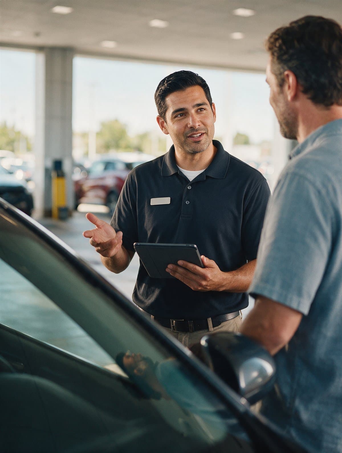 A service advisor talking a customer through a repair