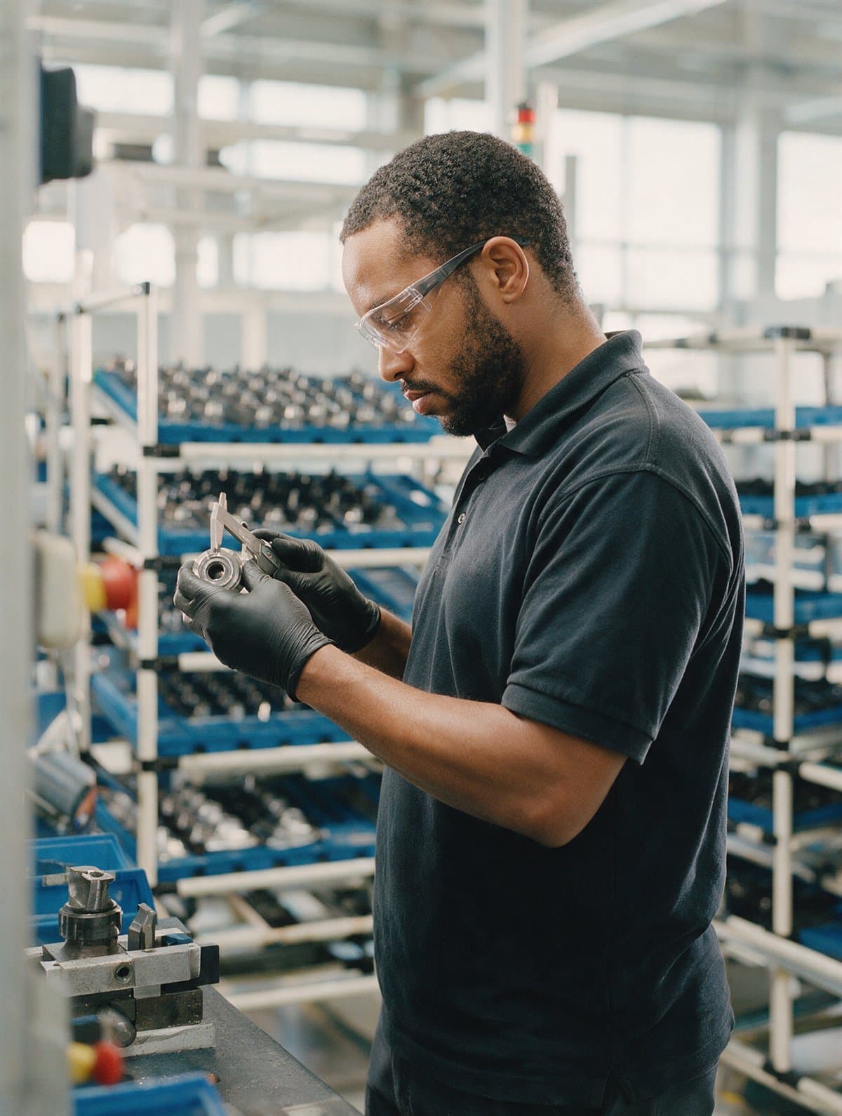 A quality technician gauging a component in a production cell