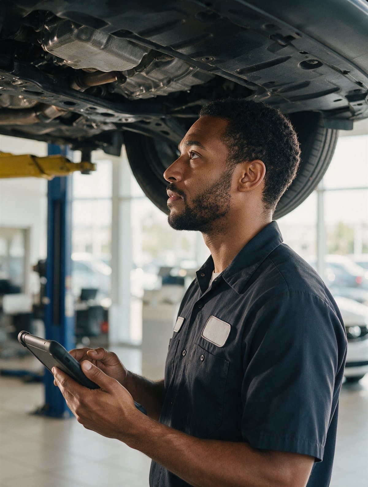 A service technician diagnosing a car on a lift