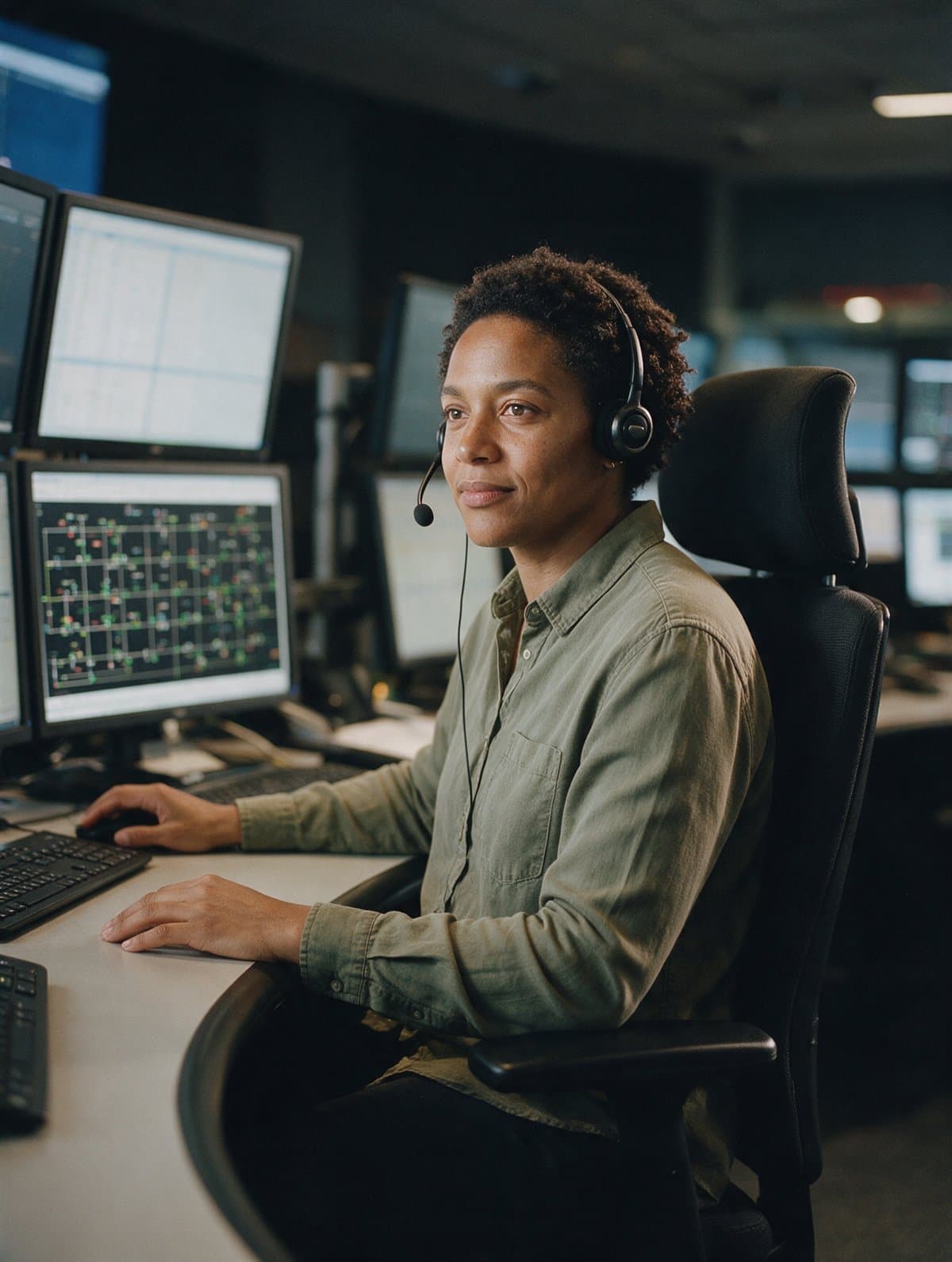 A control room operator monitoring a grid schematic