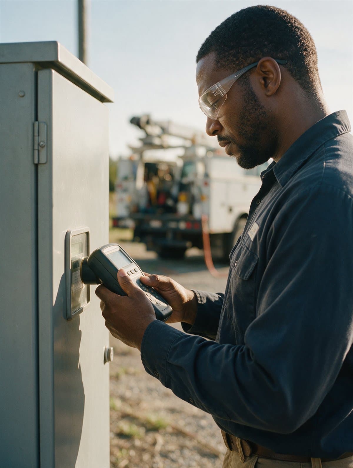 A field technician taking a reading at an outdoor metering cabinet