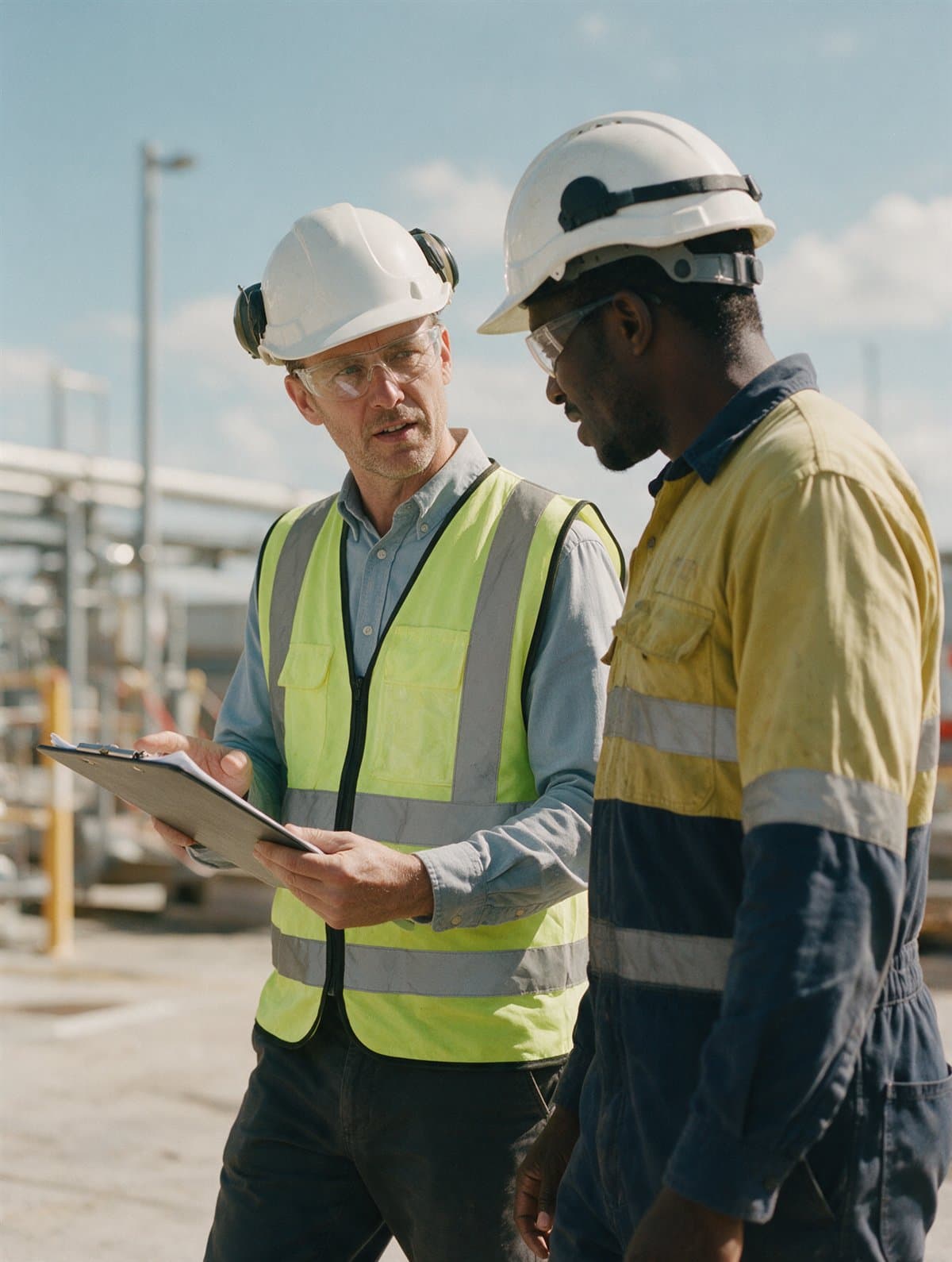 A health and safety officer discussing a permit on site