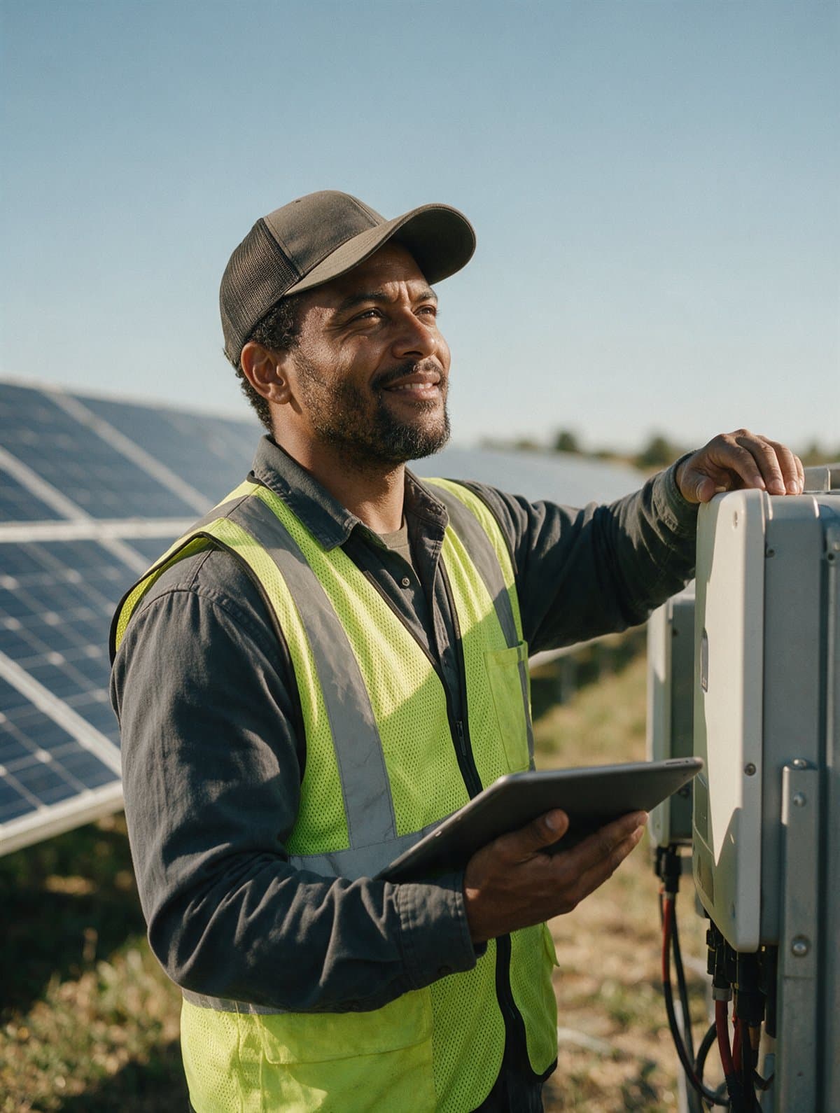 A solar technician checking an inverter beside a solar array