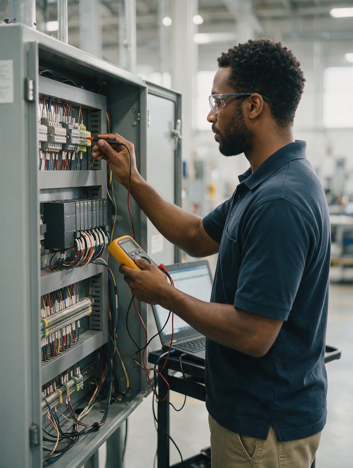 A controls engineer testing a PLC panel with a laptop and multimeter