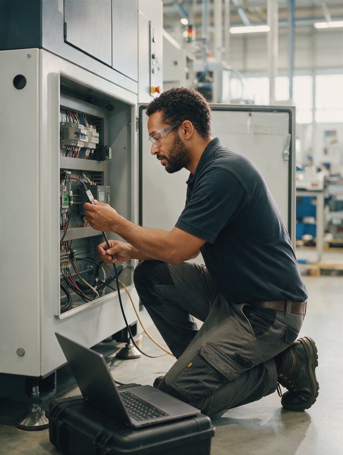 A commissioning engineer checking a sensor during machine start up