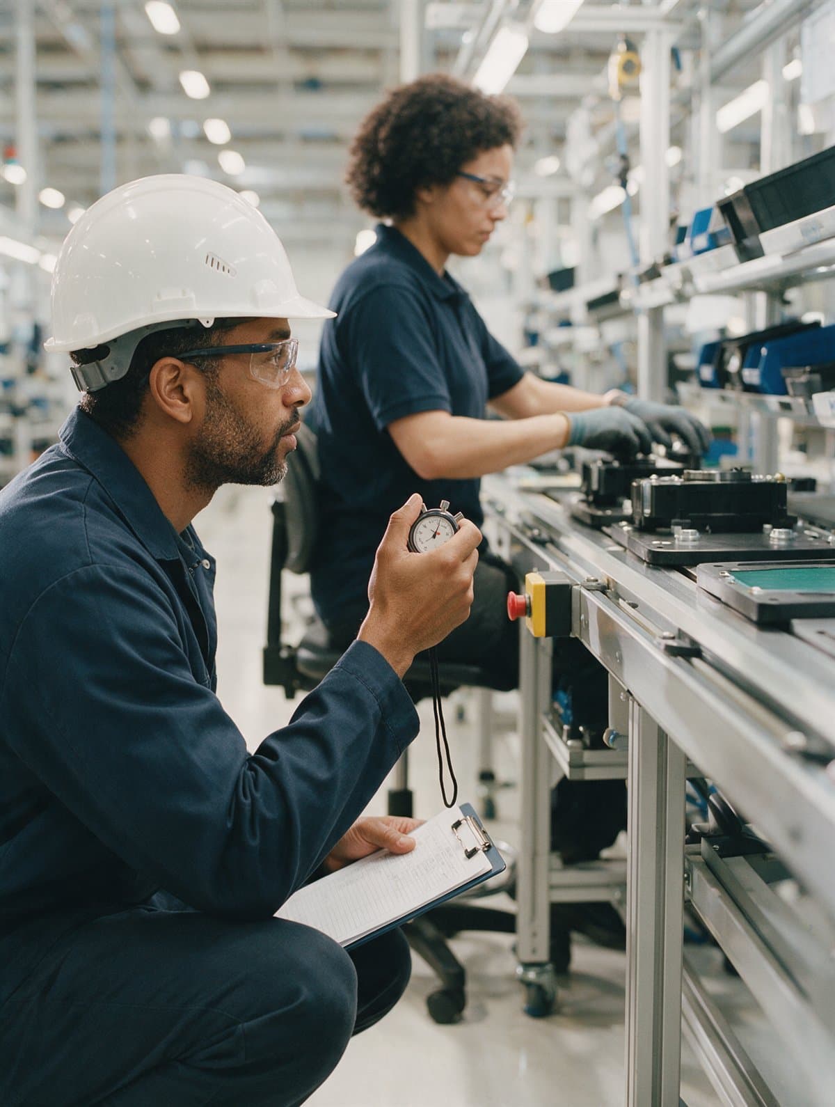 A manufacturing engineer timing a cycle at an assembly workstation