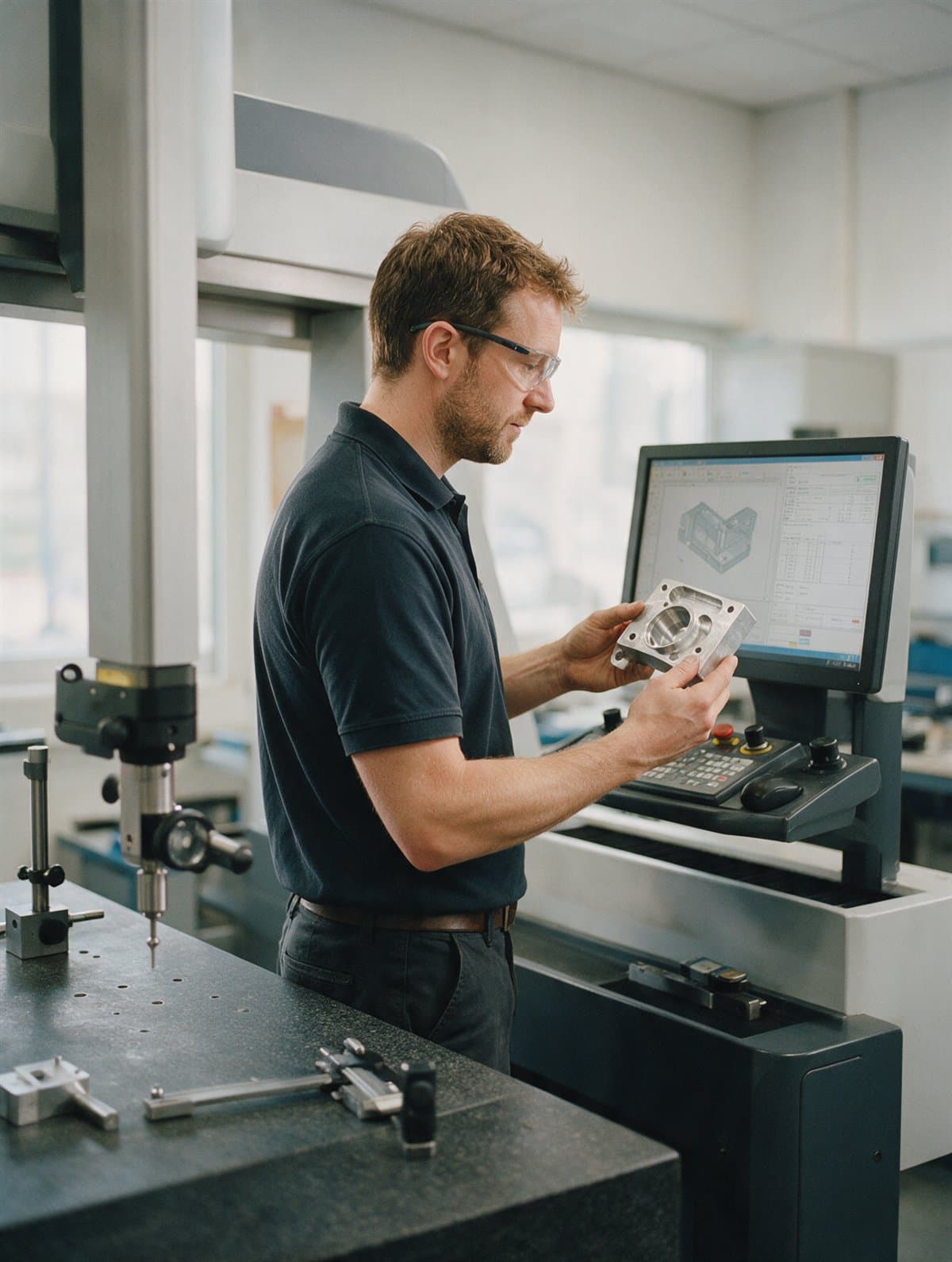 A quality engineer inspecting a machined part beside a coordinate measuring machine