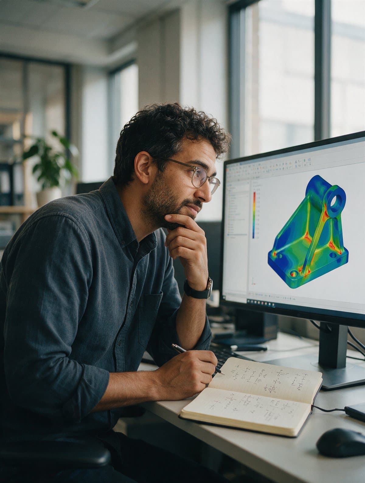 A simulation engineer studying a finite element stress plot on a large monitor
