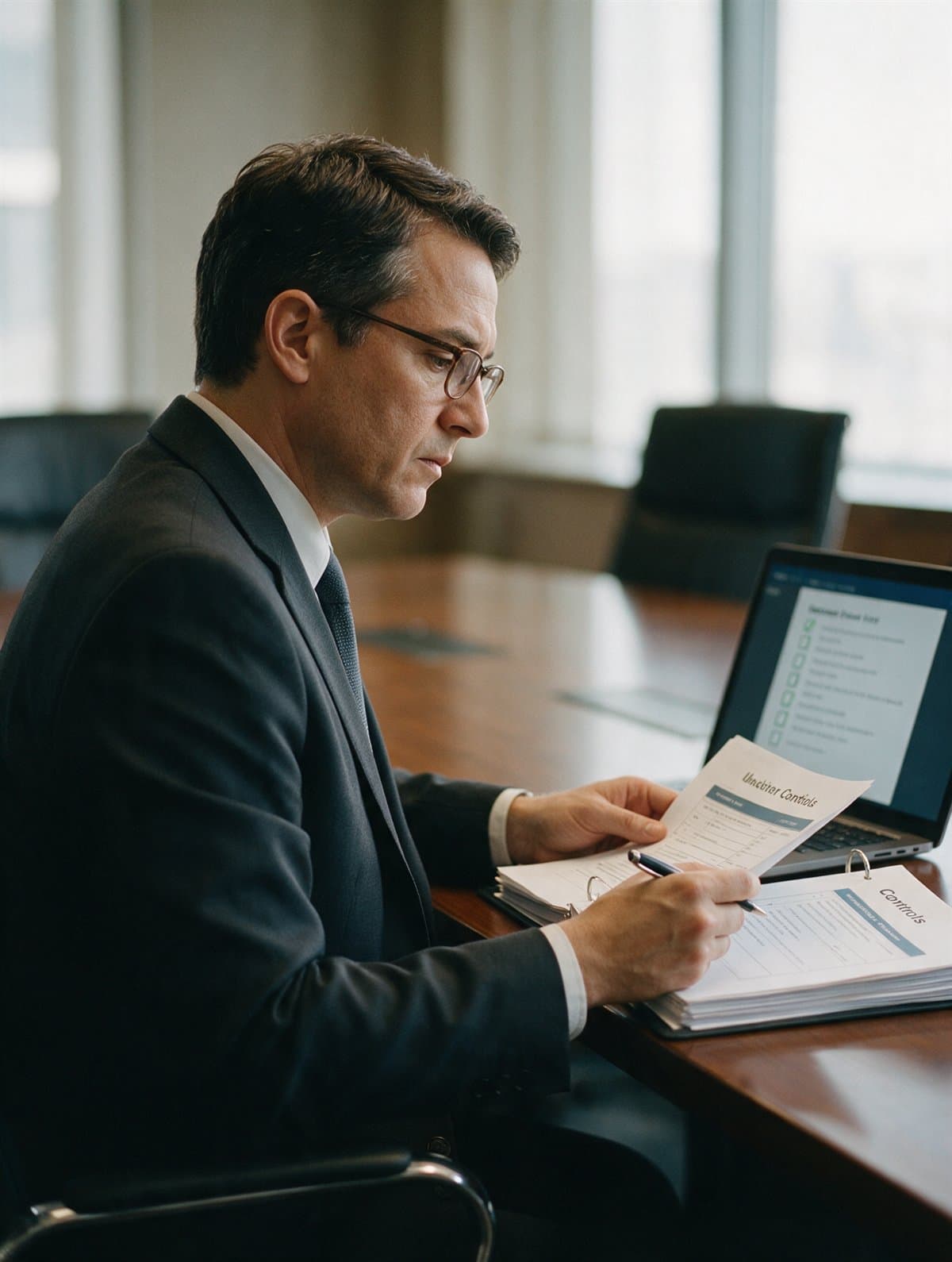 An auditor reviewing controls documentation at a boardroom table