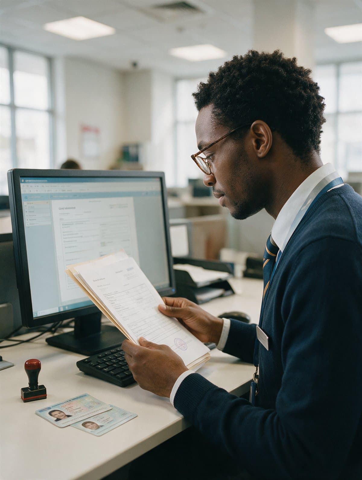 A banking operations officer reviewing a loan file