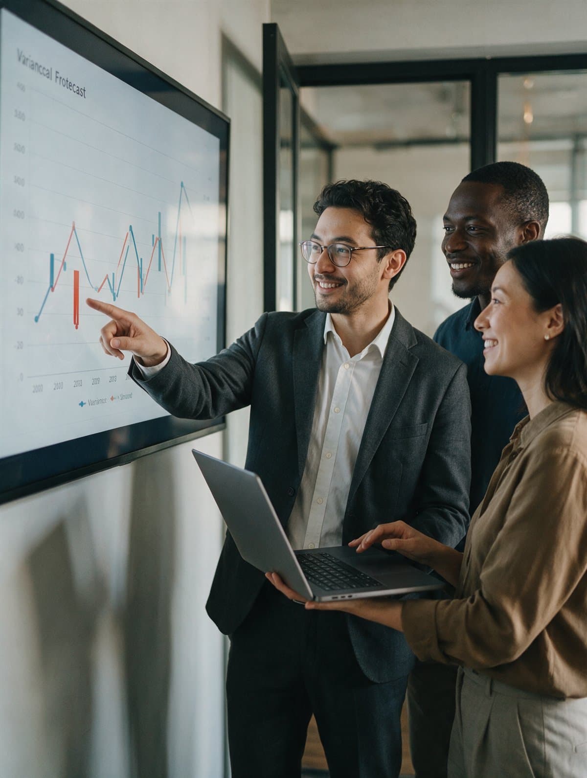 A financial analyst presenting a forecast to colleagues